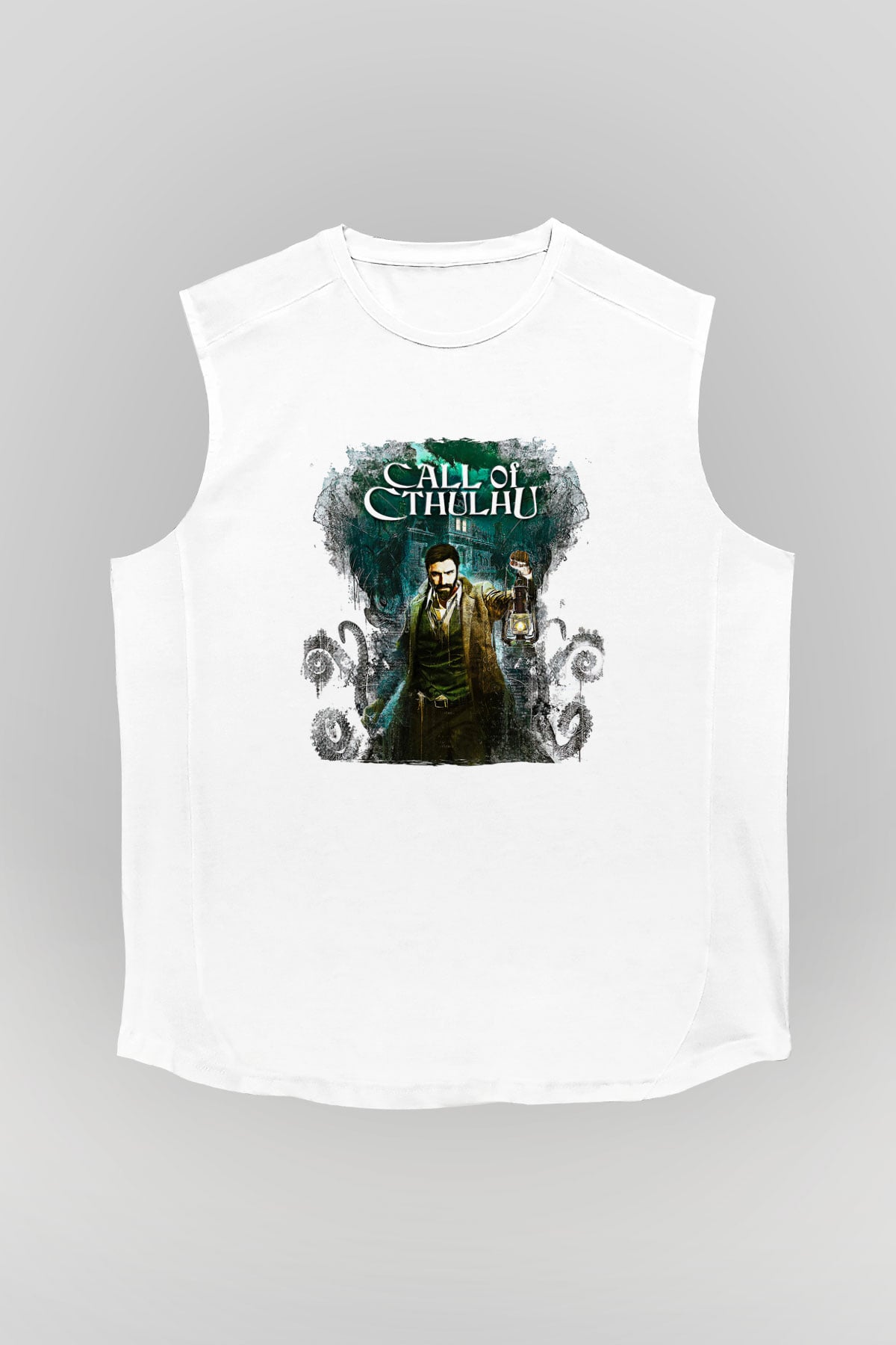 Call Of Ctulhu Baskılı Beyaz Unisex Kolsuz Tişört - Tshirt