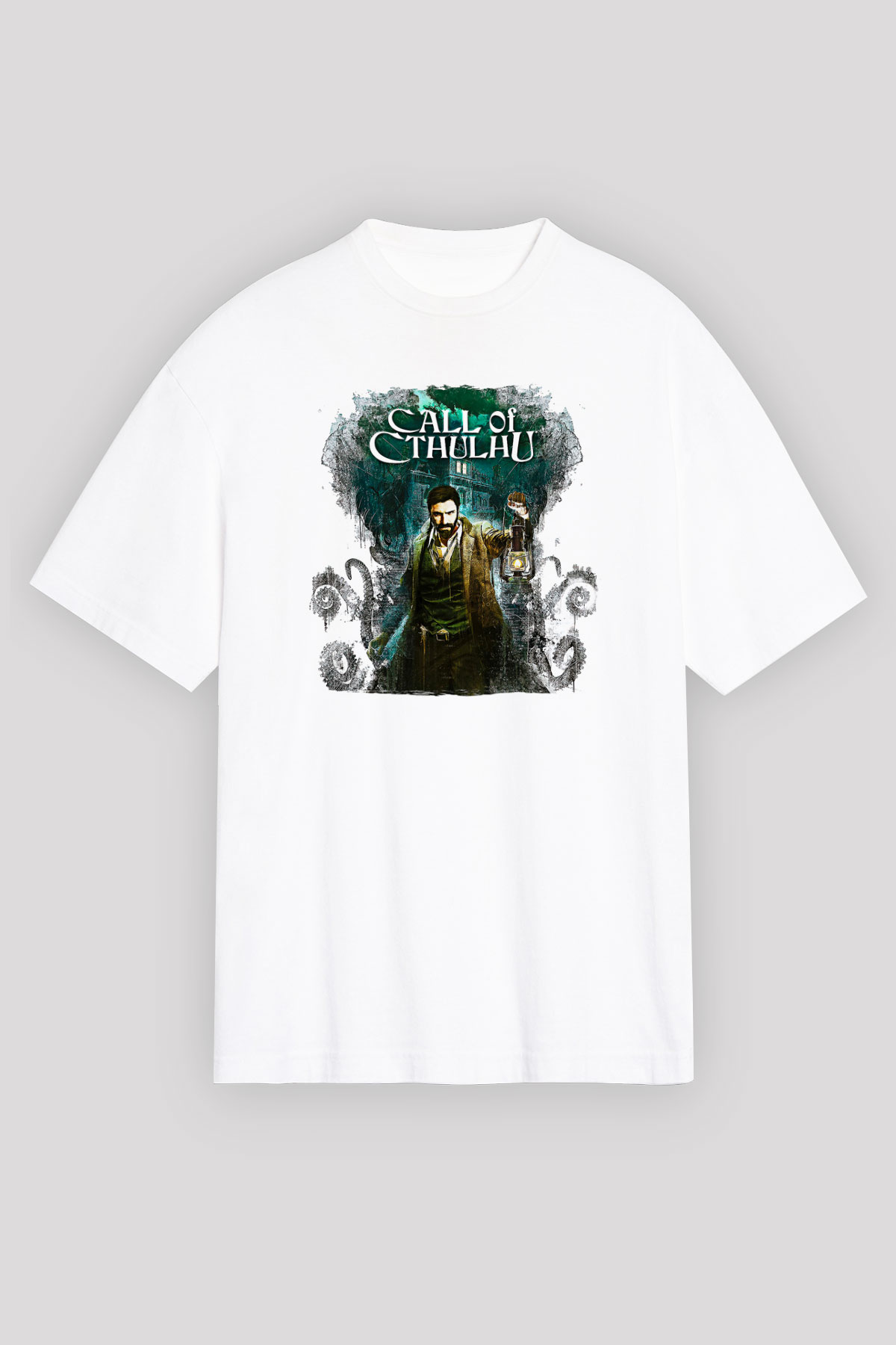 Call Of Ctulhu Baskılı Beyaz Unisex Oversize Tişört - Tshirt