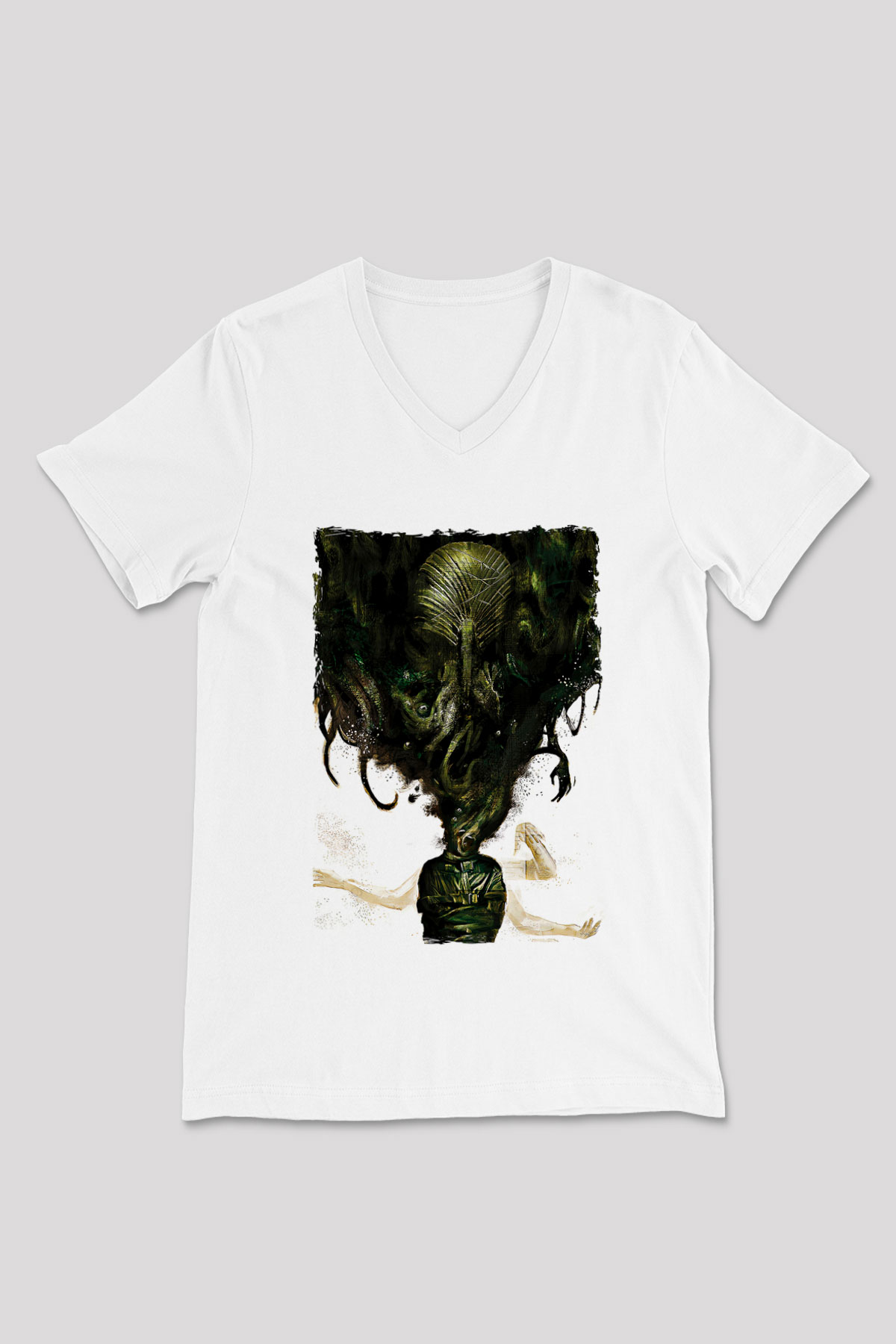 Call Of Ctulhu Baskılı Beyaz Unisex V Yaka Tişört - Tshirt