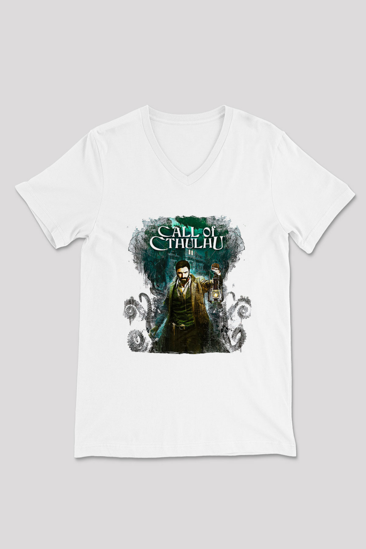 Call Of Ctulhu Baskılı Beyaz Unisex V Yaka Tişört - Tshirt