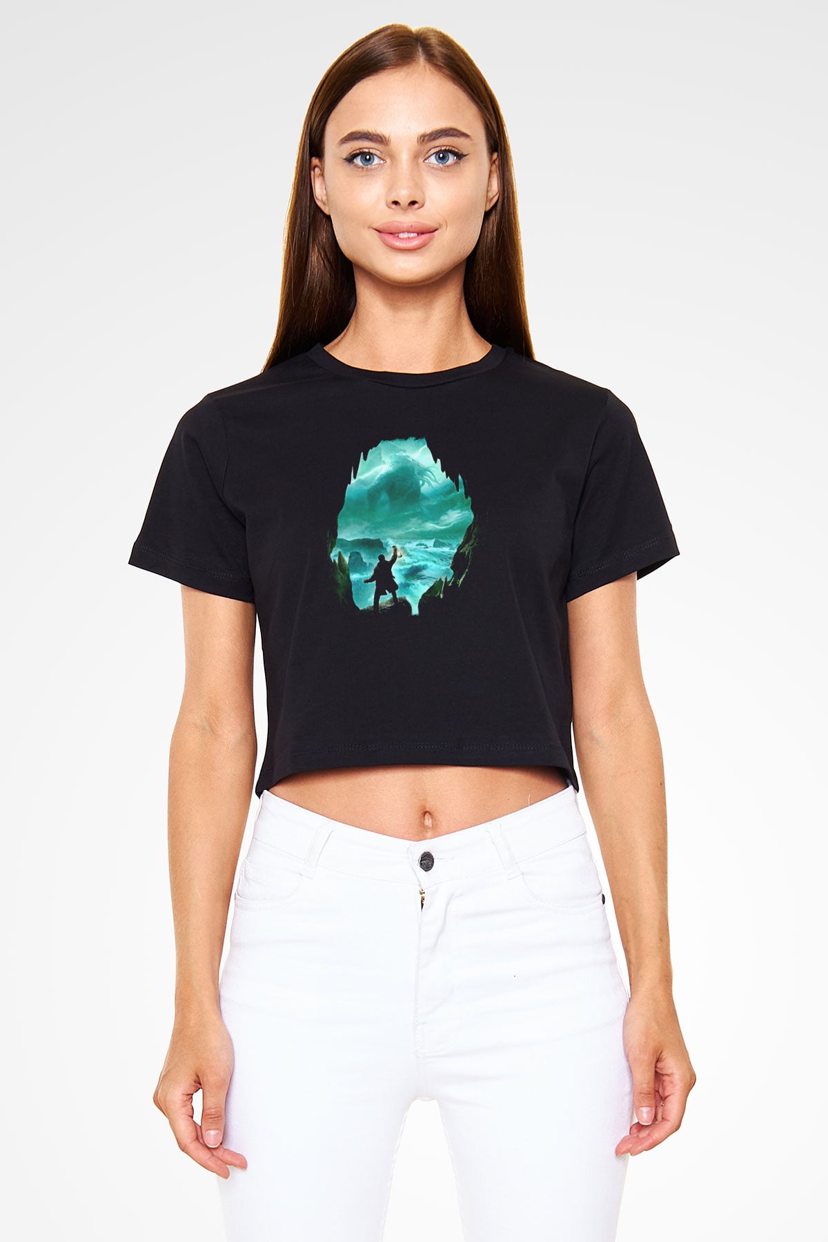 Call Of Ctulhu Baskılı Siyah Crop Top Kadın Tişört - Tshirt