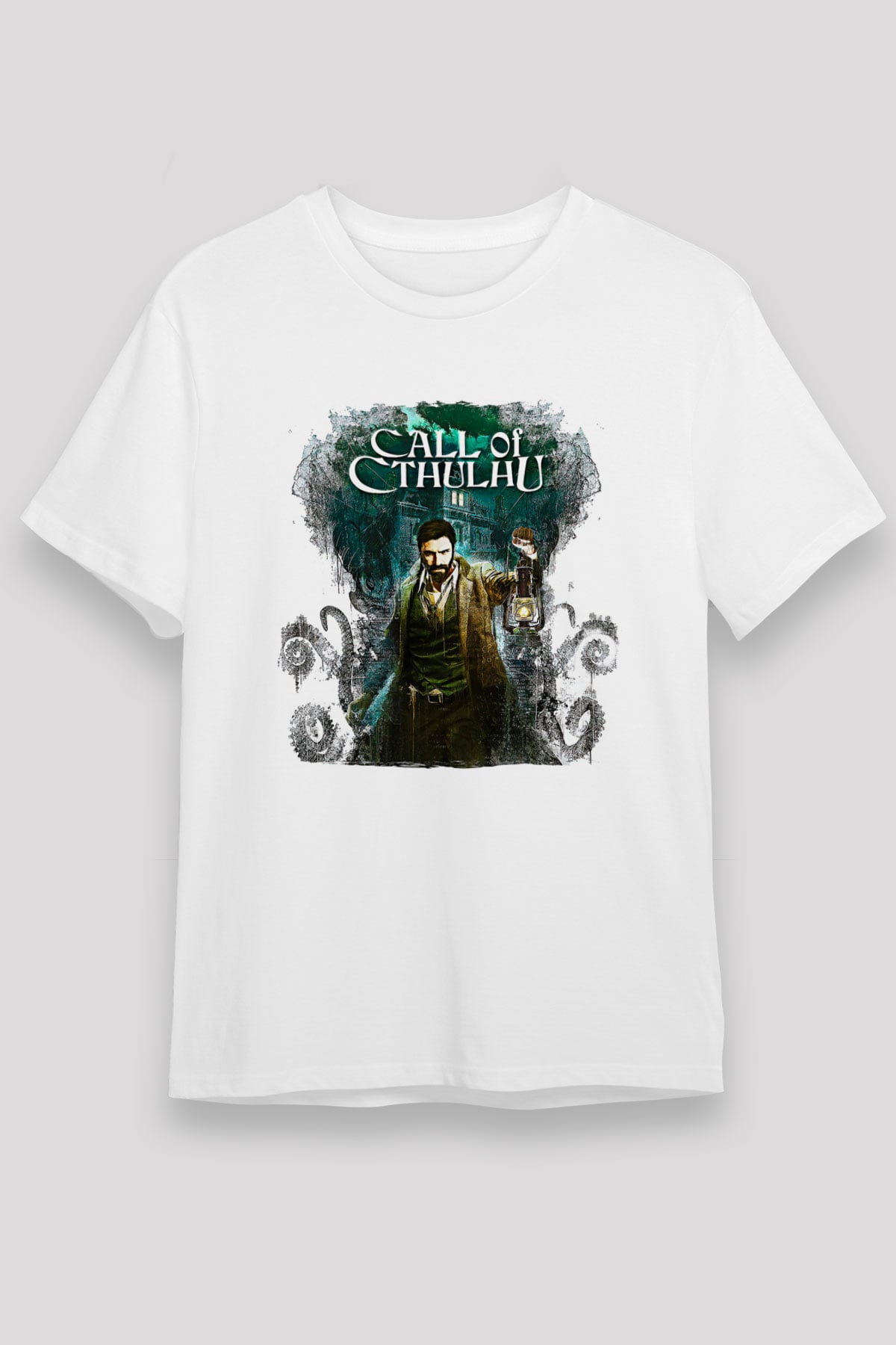 Call Of Ctulhu Baskılı Unisex Beyaz Tişört - Tshirt