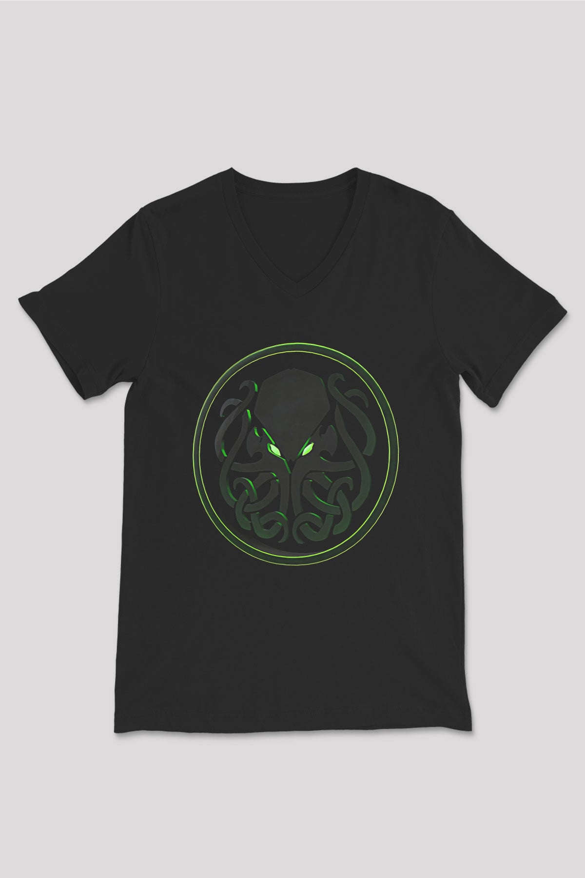 Call Of Ctulhu Baskılı Unisex Siyah V Yaka Tişört - Tshirt