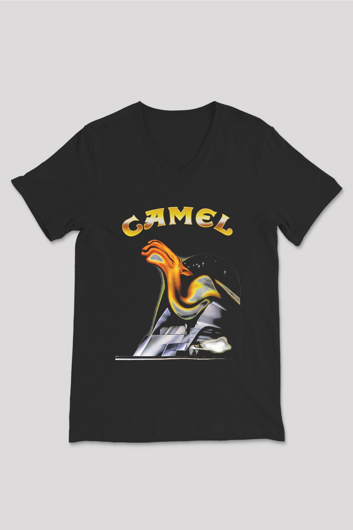 Camel Baskılı Unisex Siyah V Yaka Tişört - Tshirt