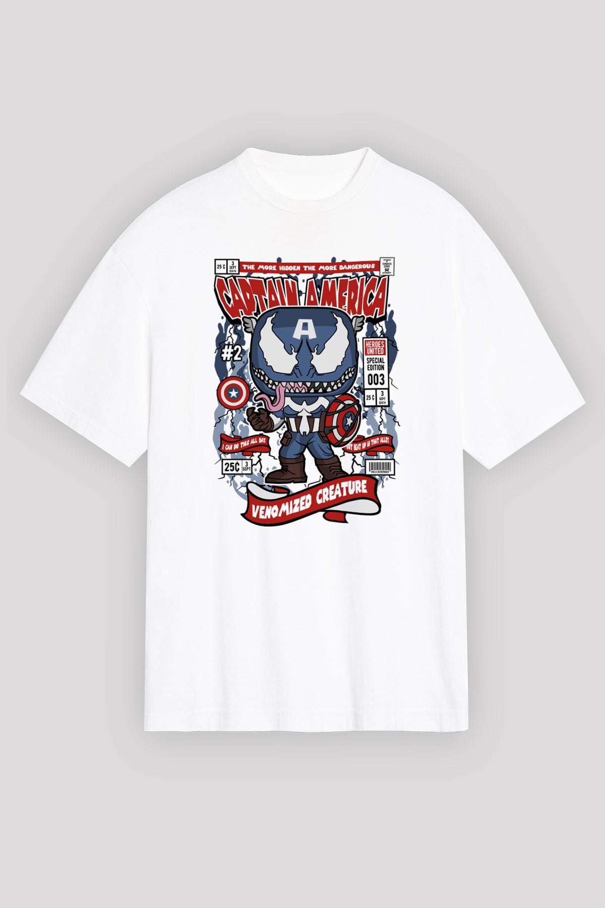 Captain America Baskılı Unisex Beyaz Oversize Tişört