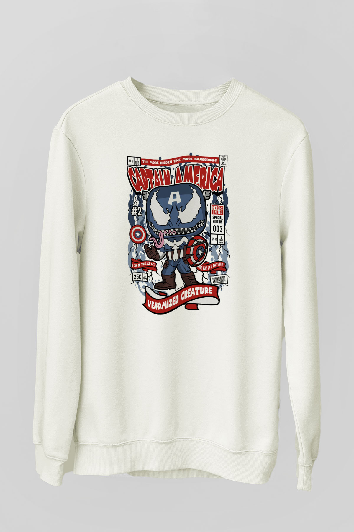 Captain America Baskılı Unisex Beyaz Sweatshirt