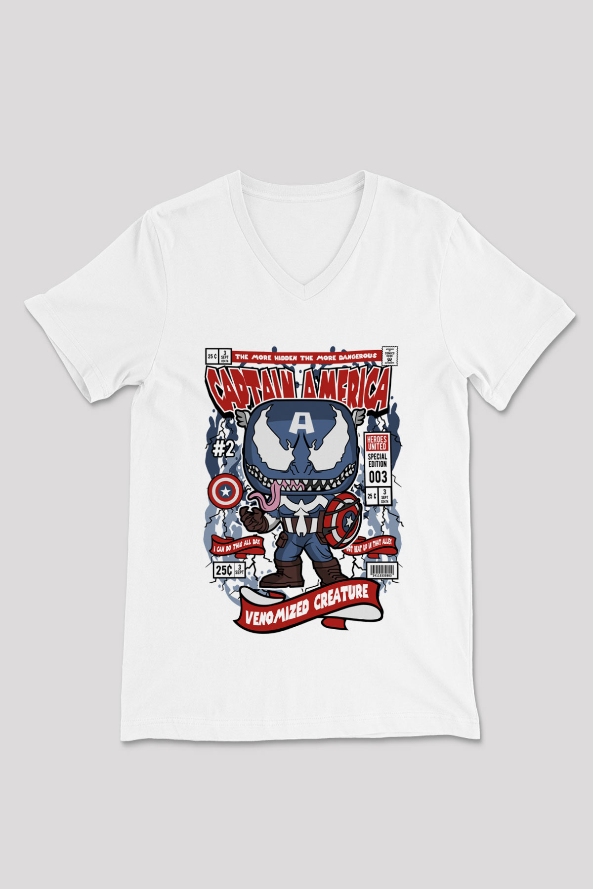 Captain America Baskılı Unisex Beyaz V Yaka Tişört