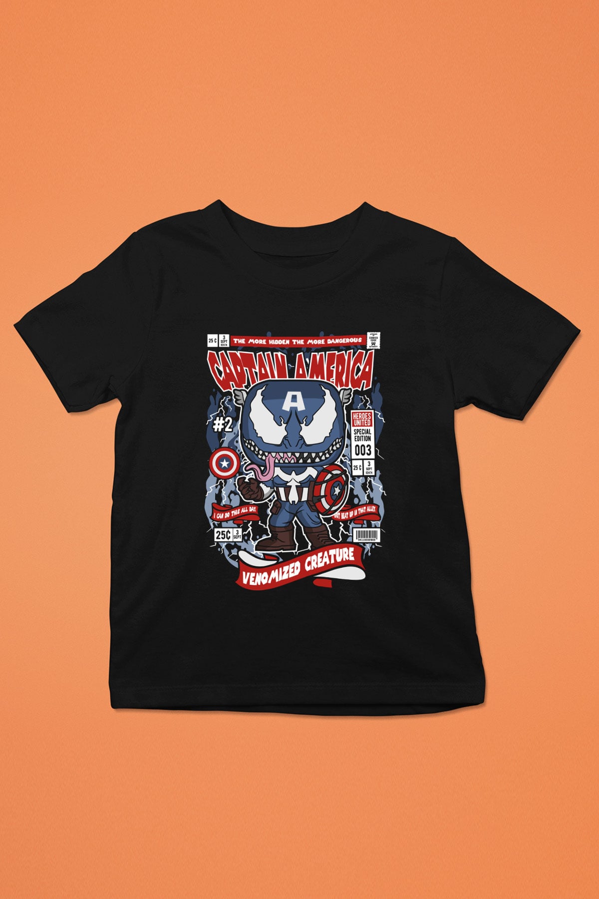 Captain Amerika Baskılı Unisex Siyah Çocuk Tişört