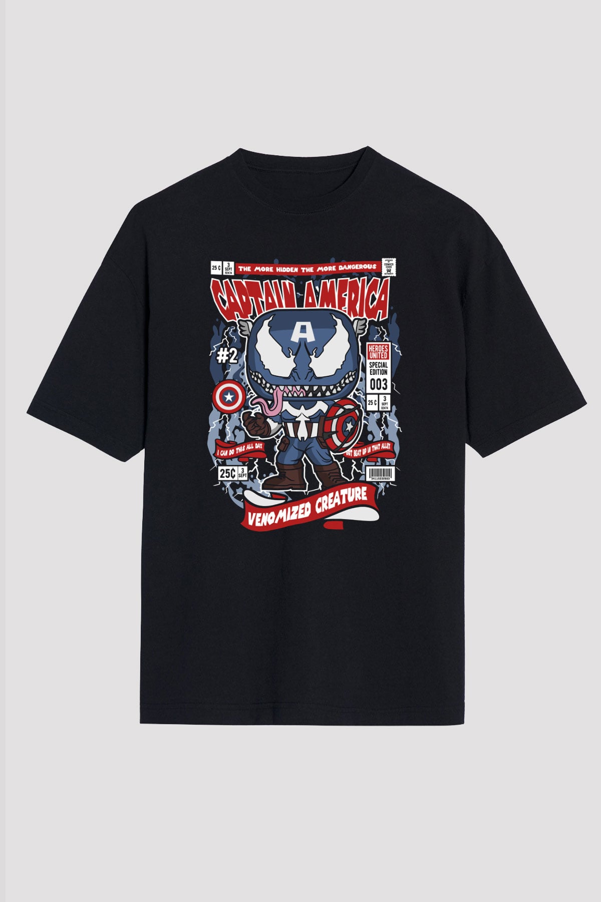 Captain Amerika Baskılı Unisex Siyah Oversize Tişört