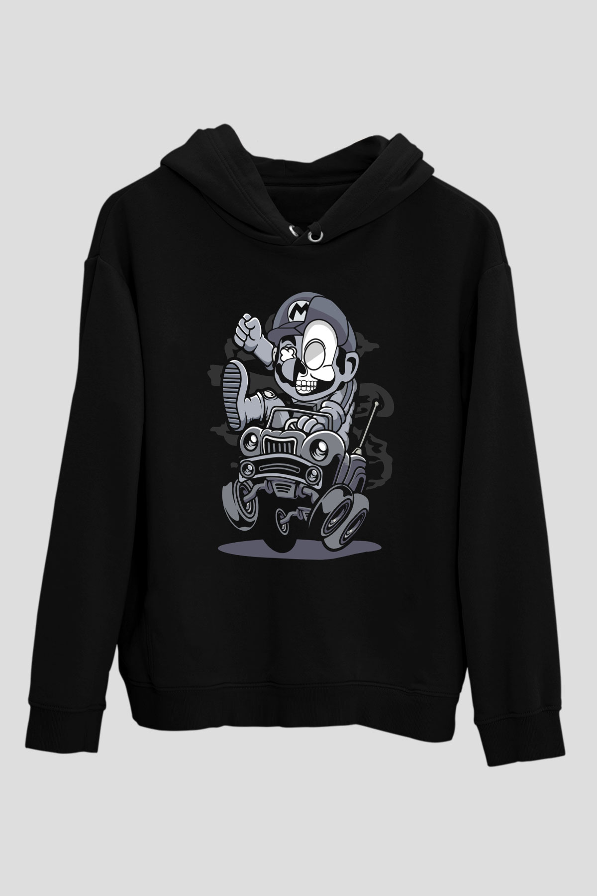 Car Racer Mario Baskılı Unisex Siyah Hoodie
