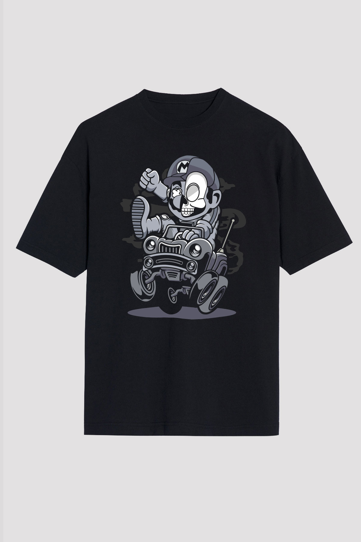 Car Racer Mario Baskılı Unisex Siyah Oversize Tişört