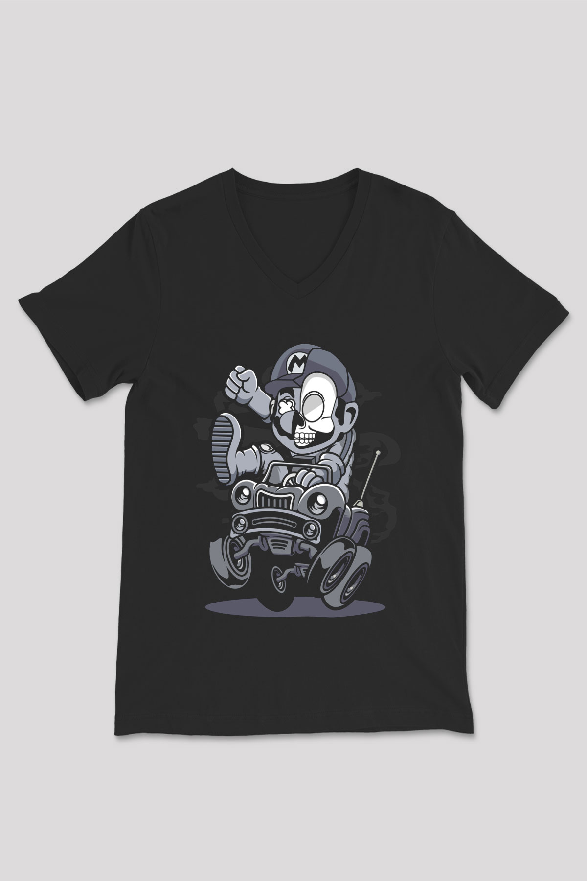Car Racer Mario Baskılı Unisex Siyah V Yaka Tişört