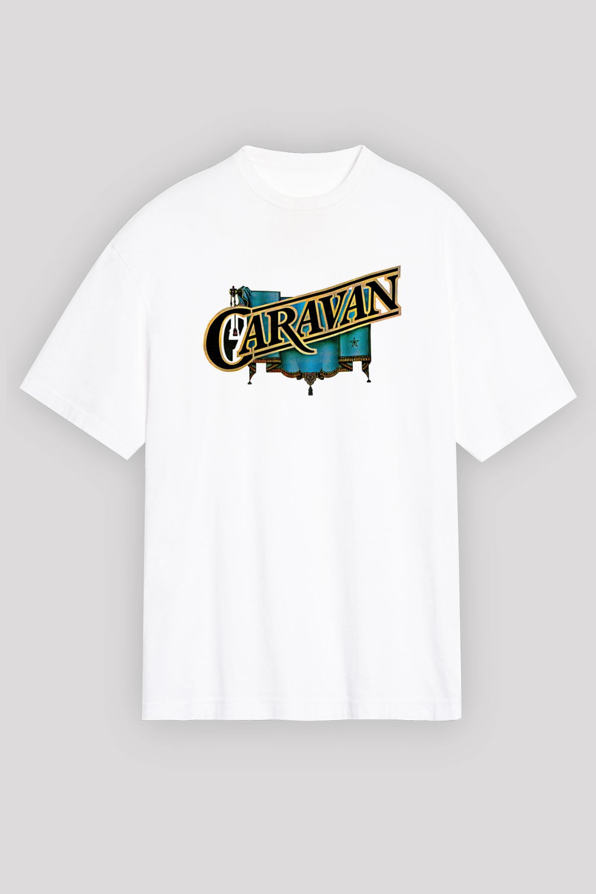 Caravan Baskılı Beyaz Unisex Oversize Tişört - Tshirt