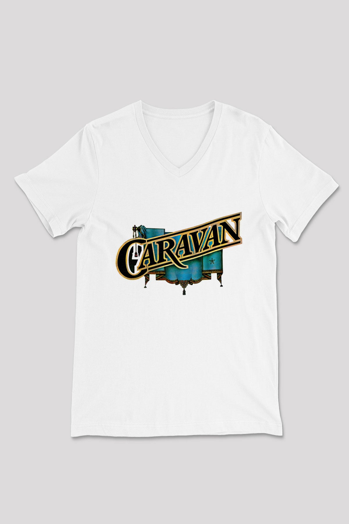Caravan Baskılı Beyaz Unisex V Yaka Tişört - Tshirt
