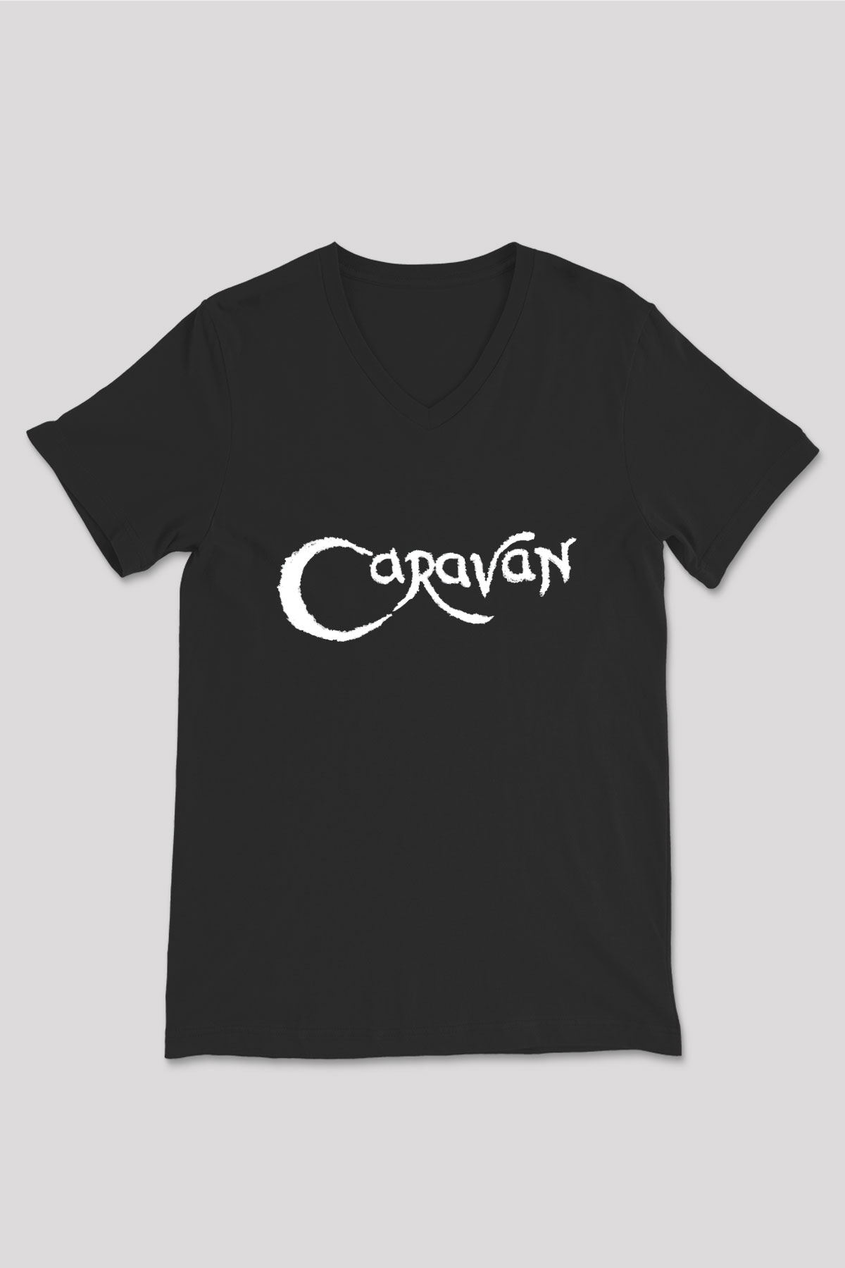 Caravan Baskılı Unisex Siyah V Yaka Tişört - Tshirt