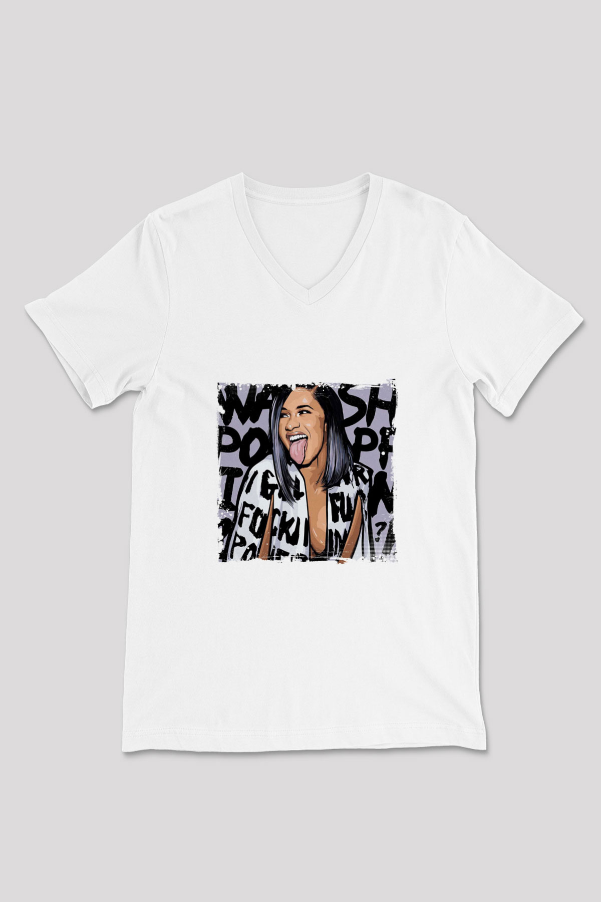 Cardi B Baskılı Beyaz V Yaka Unisex Tişört