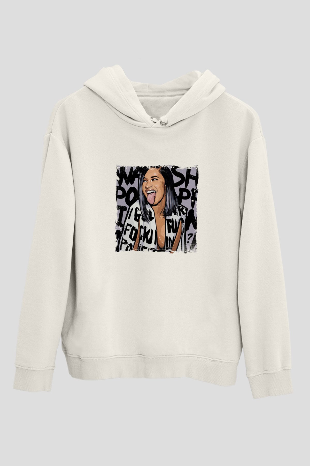 Cardi B Baskılı Unisex Beyaz Kapüşonlu Sweatshirt