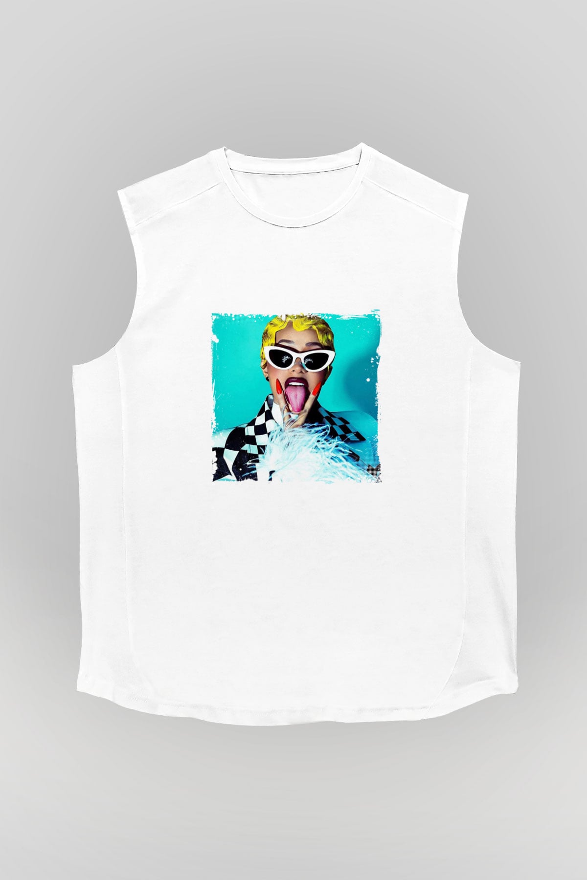 Cardi B Baskılı Unisex Beyaz Kolsuz Tişört