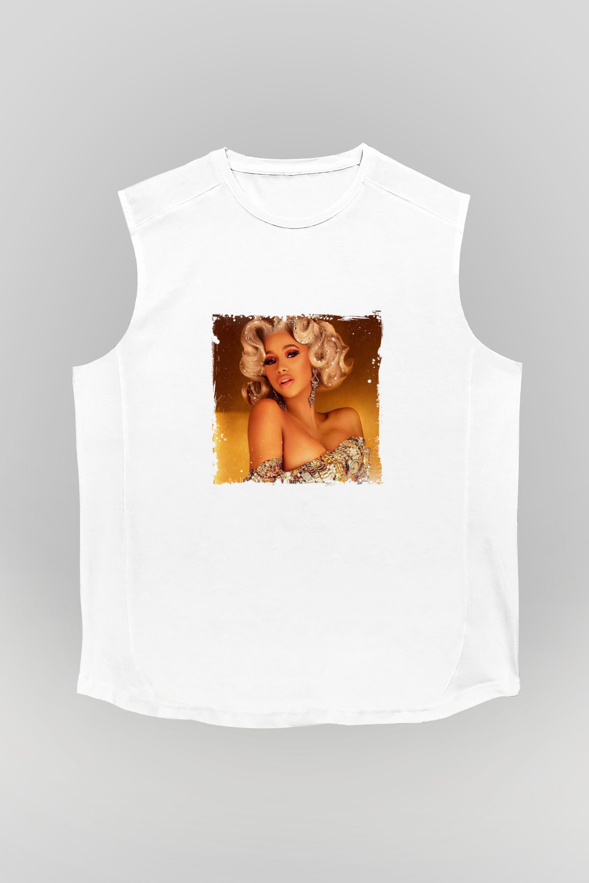 Cardi B Baskılı Unisex Beyaz Kolsuz Tişört