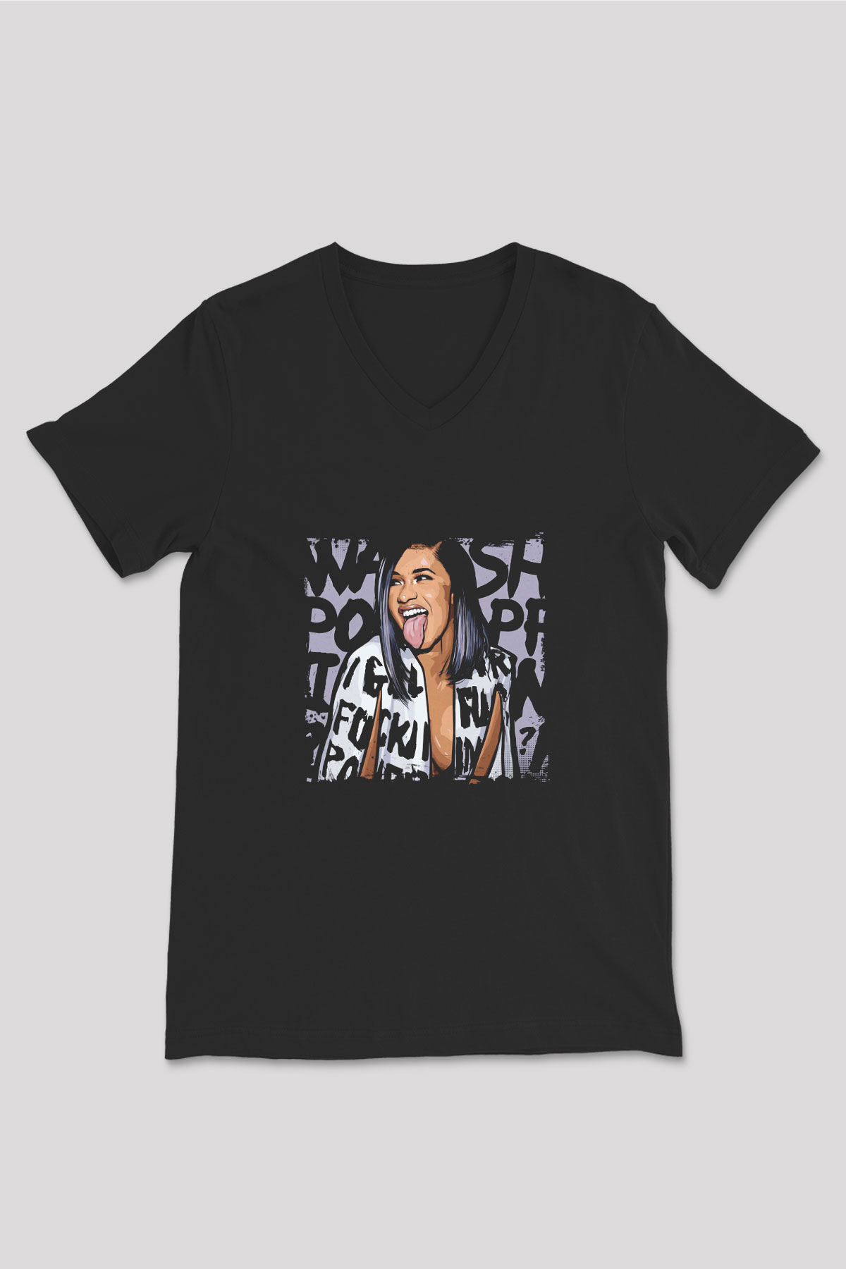 Cardi B Baskılı Unisex Siyah V Yaka Tişört