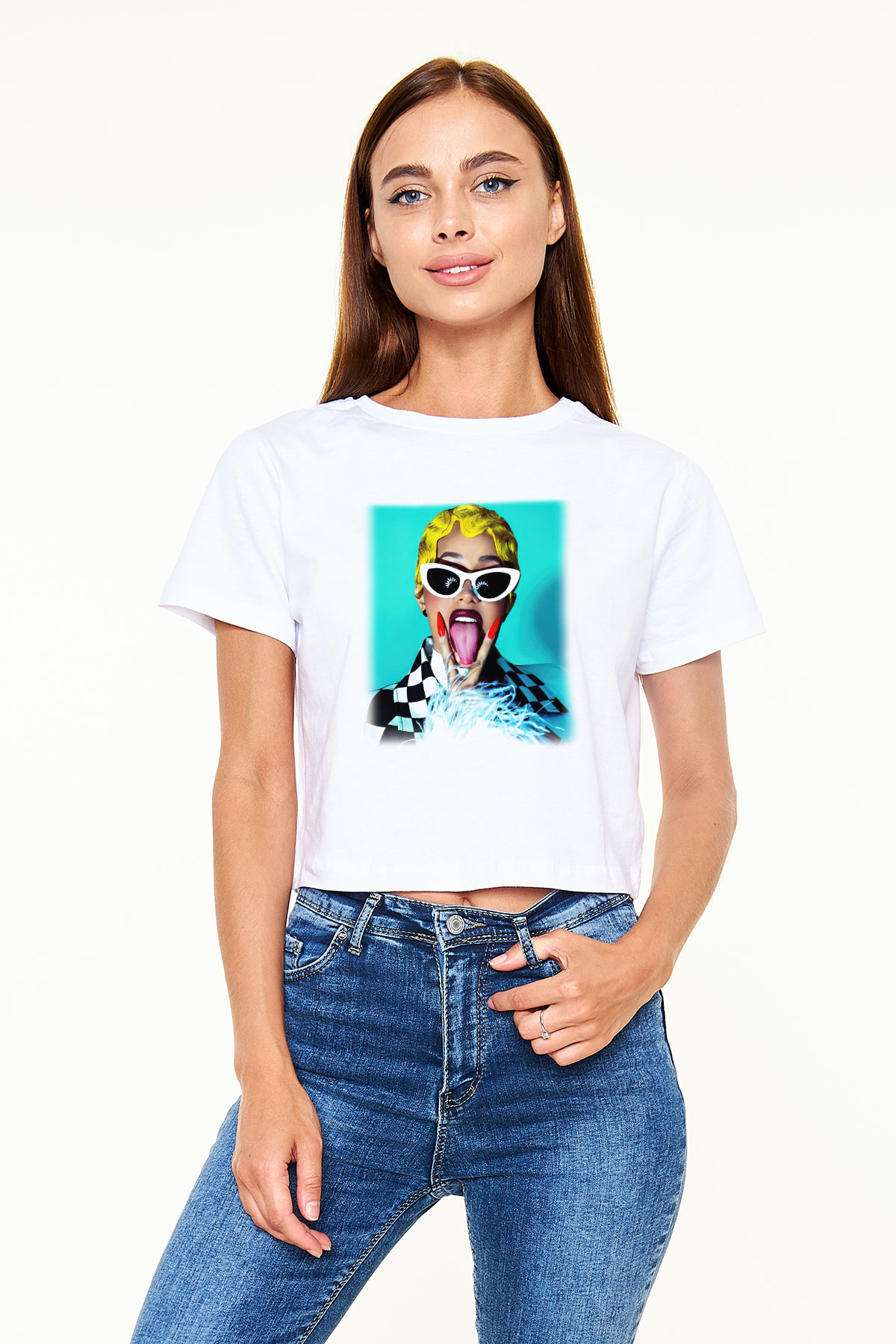 Cardi B Beyaz Croptop Tişört