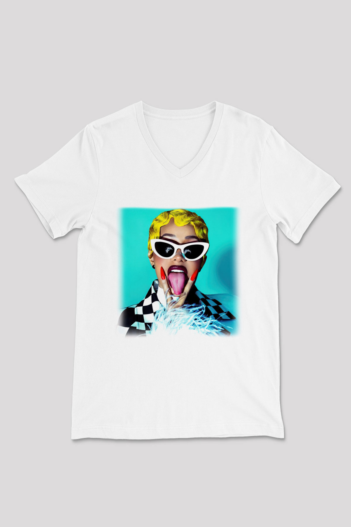 Cardi B Beyaz Unisex V Yaka Tişört T-Shirt