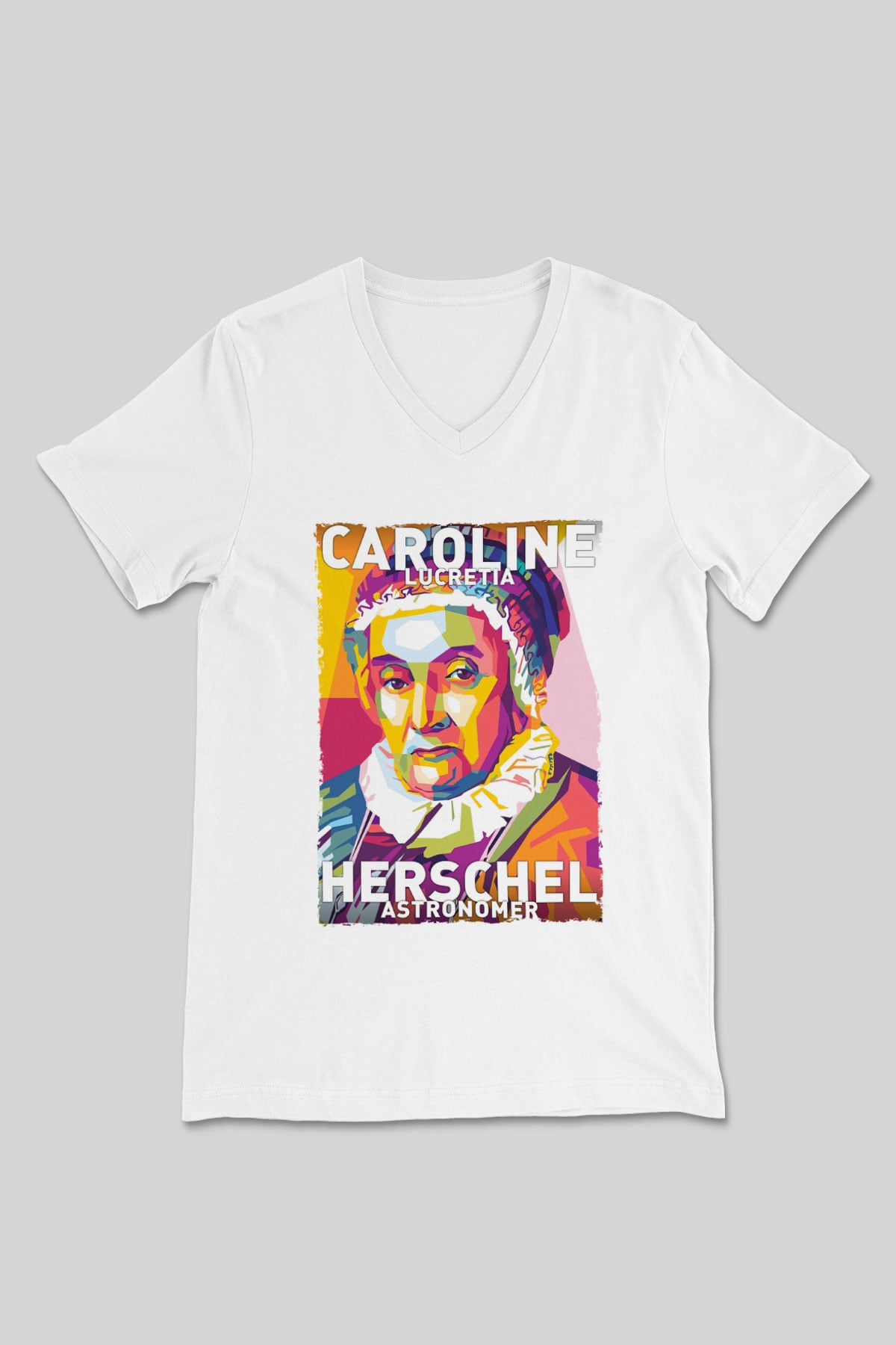 Caroline Lucretia Herschel Baskılı Unisex V Yaka Beyaz Tişört - Tshirt