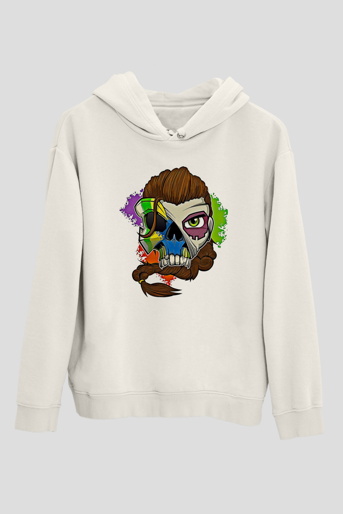 Caveira Baskılı Beyaz Unisex Kapüşonlu Sweatshirt