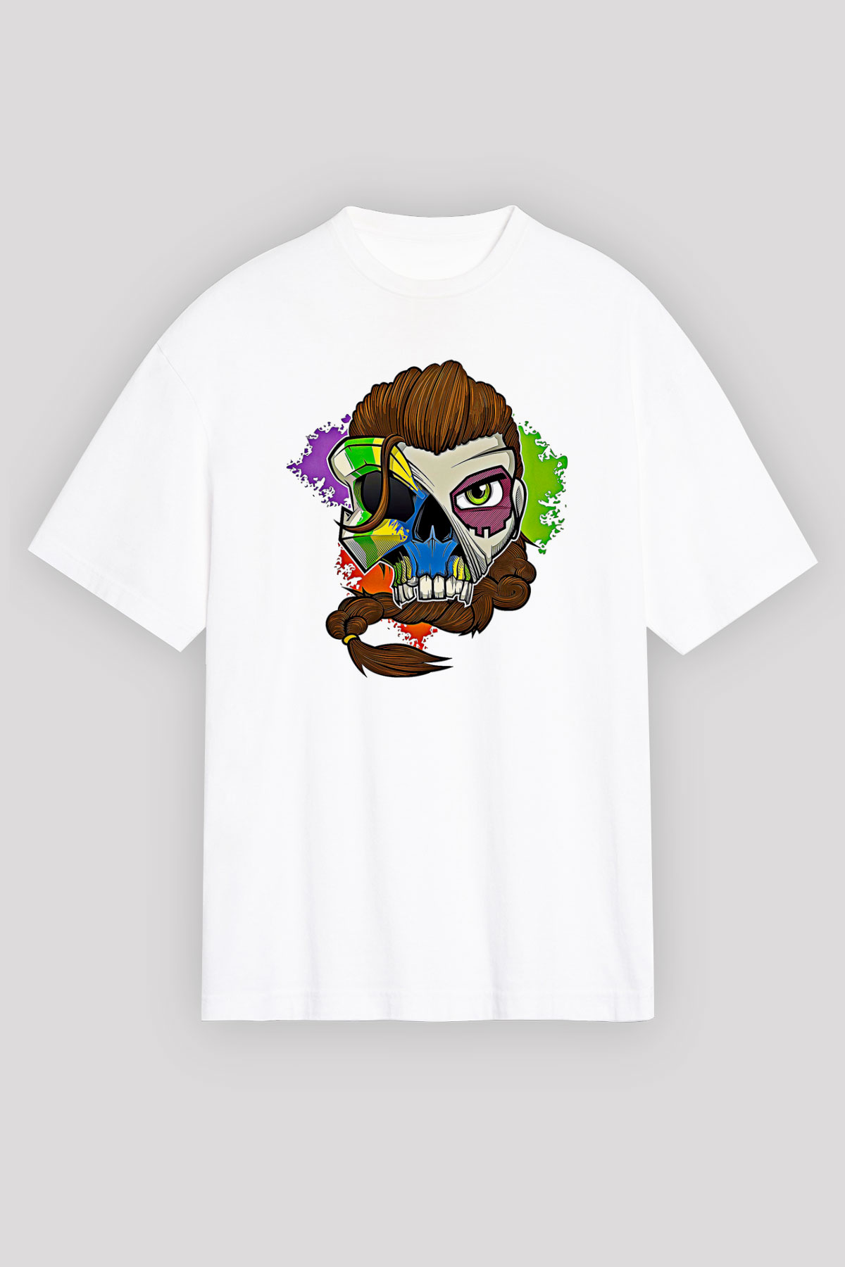 Caveira Baskılı Beyaz Unisex Oversize Tişört - Tshirt