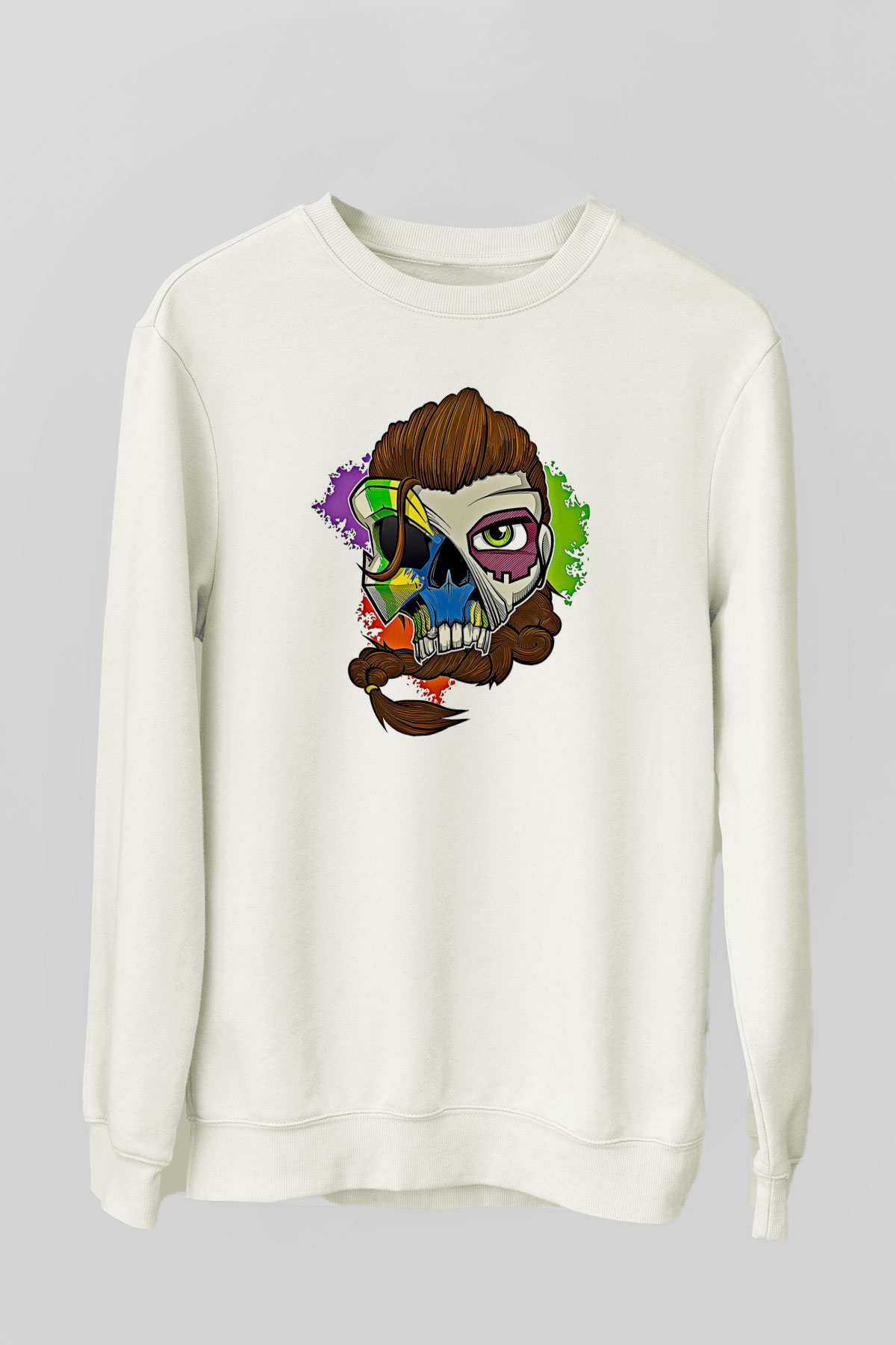 Caveira Baskılı Beyaz Unisex Sweatshirt