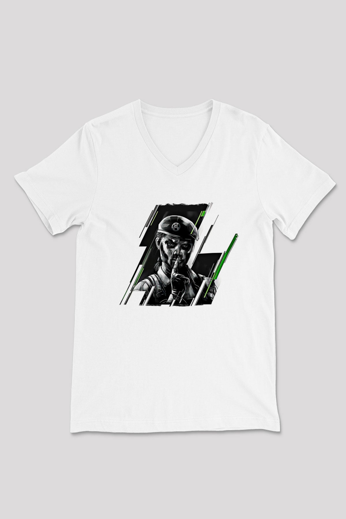Caveira Baskılı Beyaz Unisex V Yaka Tişört - Tshirt