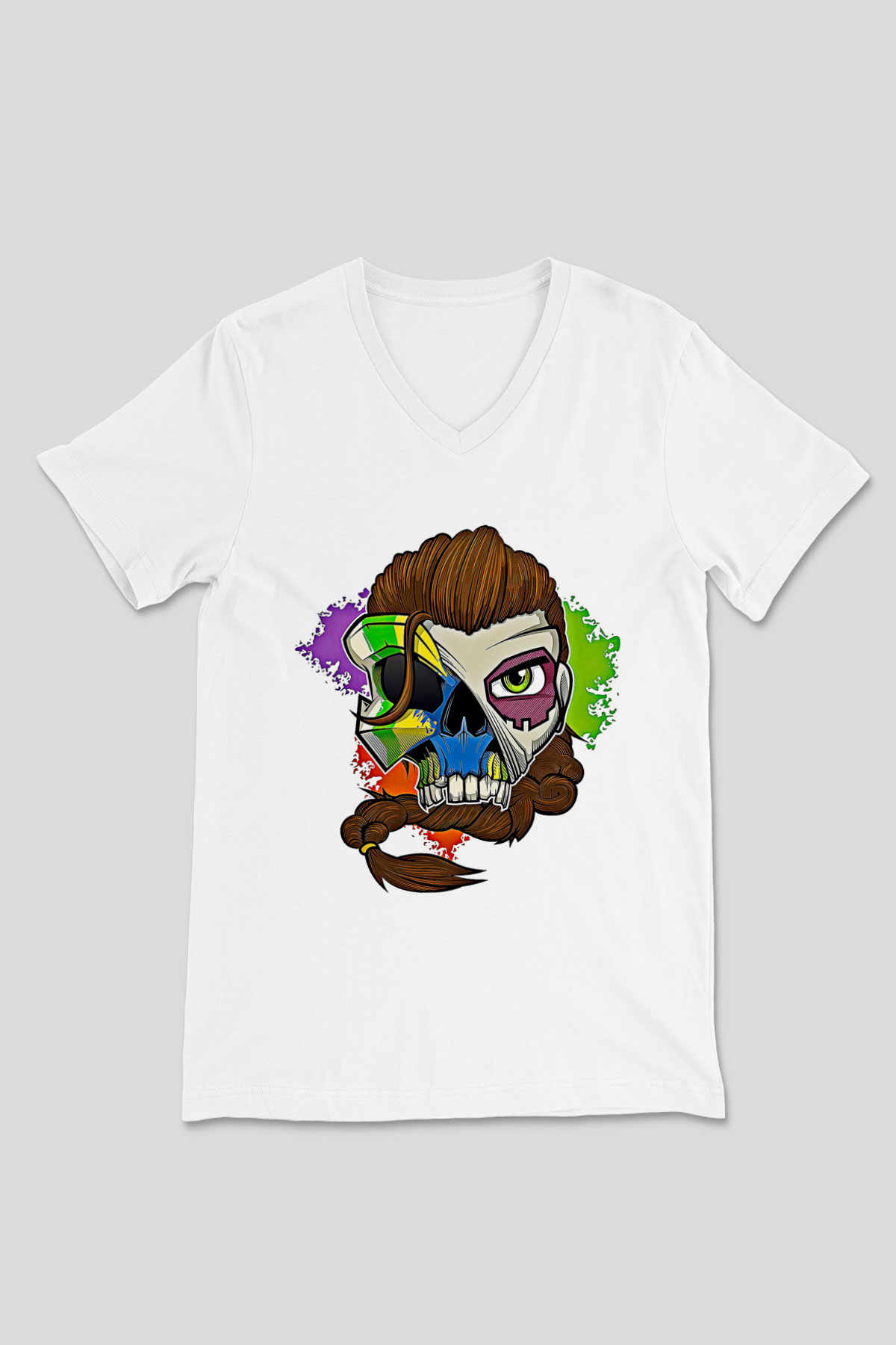 Caveira Baskılı Beyaz Unisex V Yaka Tişört - Tshirt