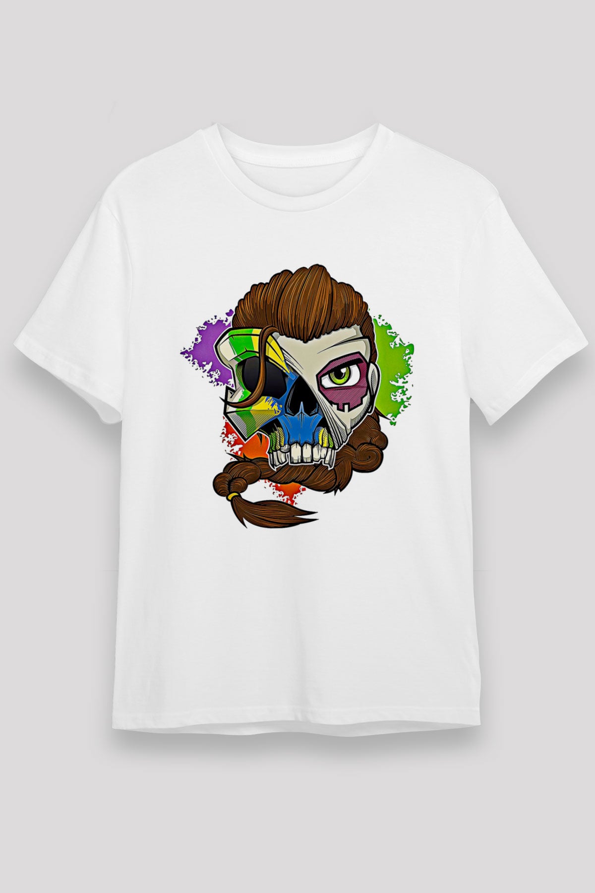 Caveira Baskılı Unisex Beyaz Tişört - Tshirt