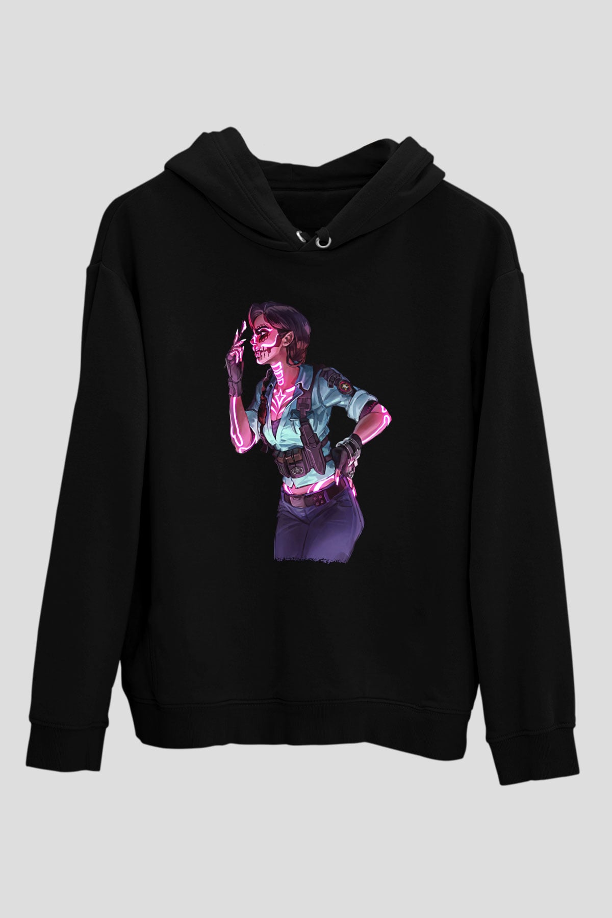 Caveira Baskılı Unisex Siyah Kapüşonlu Sweatshirt