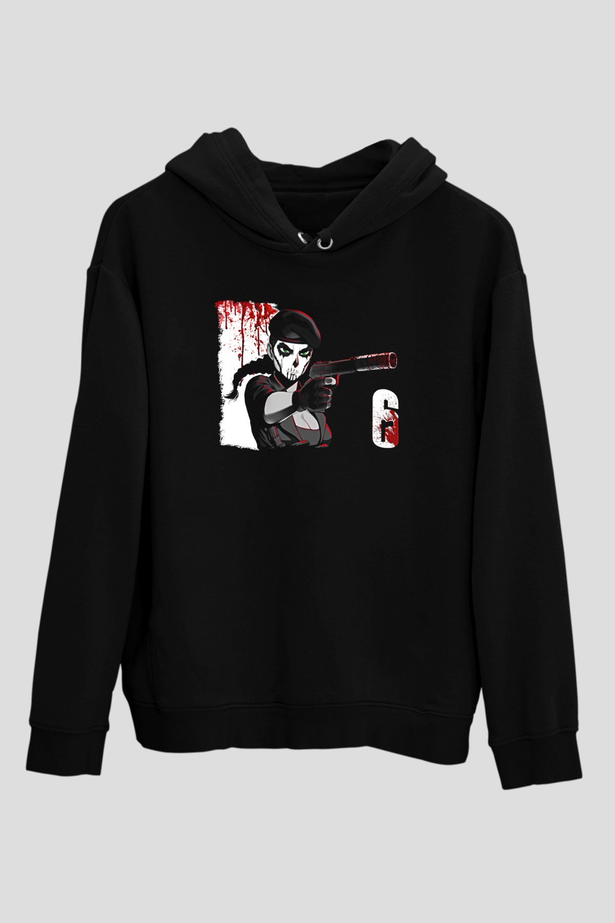 Caveira Baskılı Unisex Siyah Kapüşonlu Sweatshirt