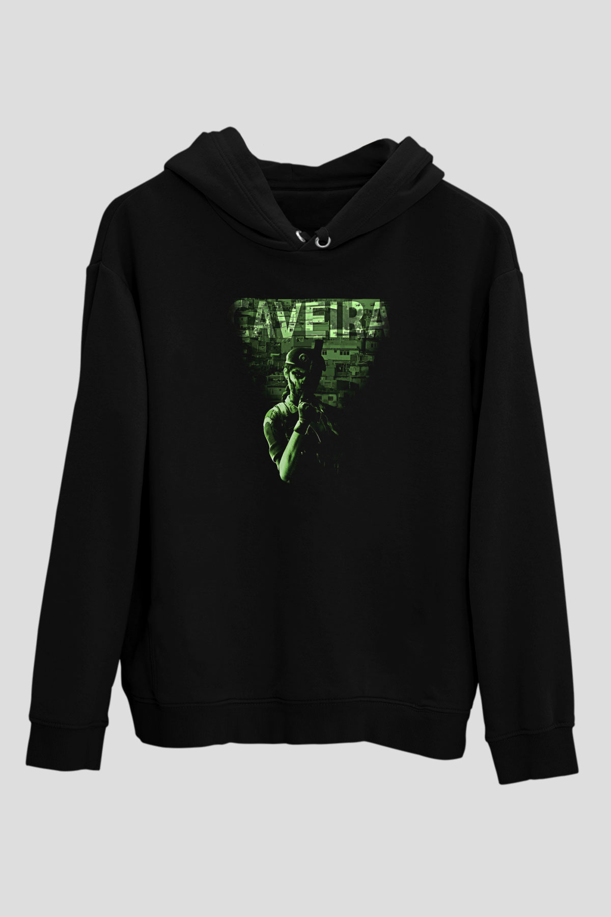 Caveira Baskılı Unisex Siyah Kapüşonlu Sweatshirt