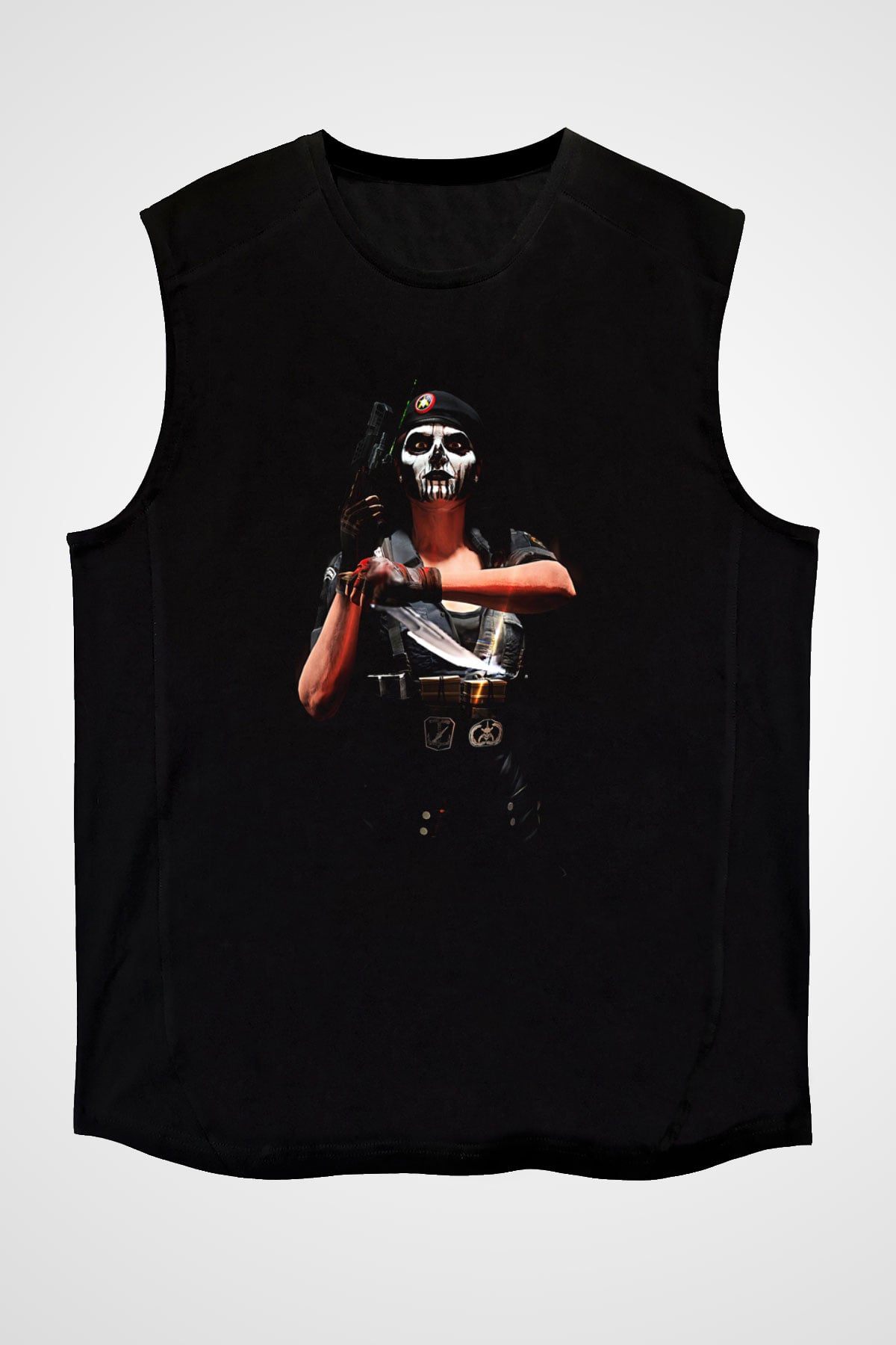 Caveira Baskılı Unisex Siyah Kolsuz Tişört - Tshirt