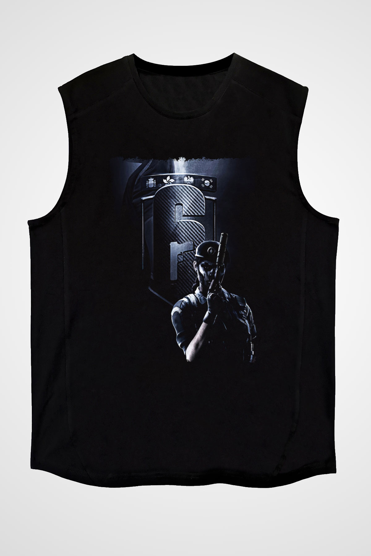 Caveira Baskılı Unisex Siyah Kolsuz Tişört - Tshirt