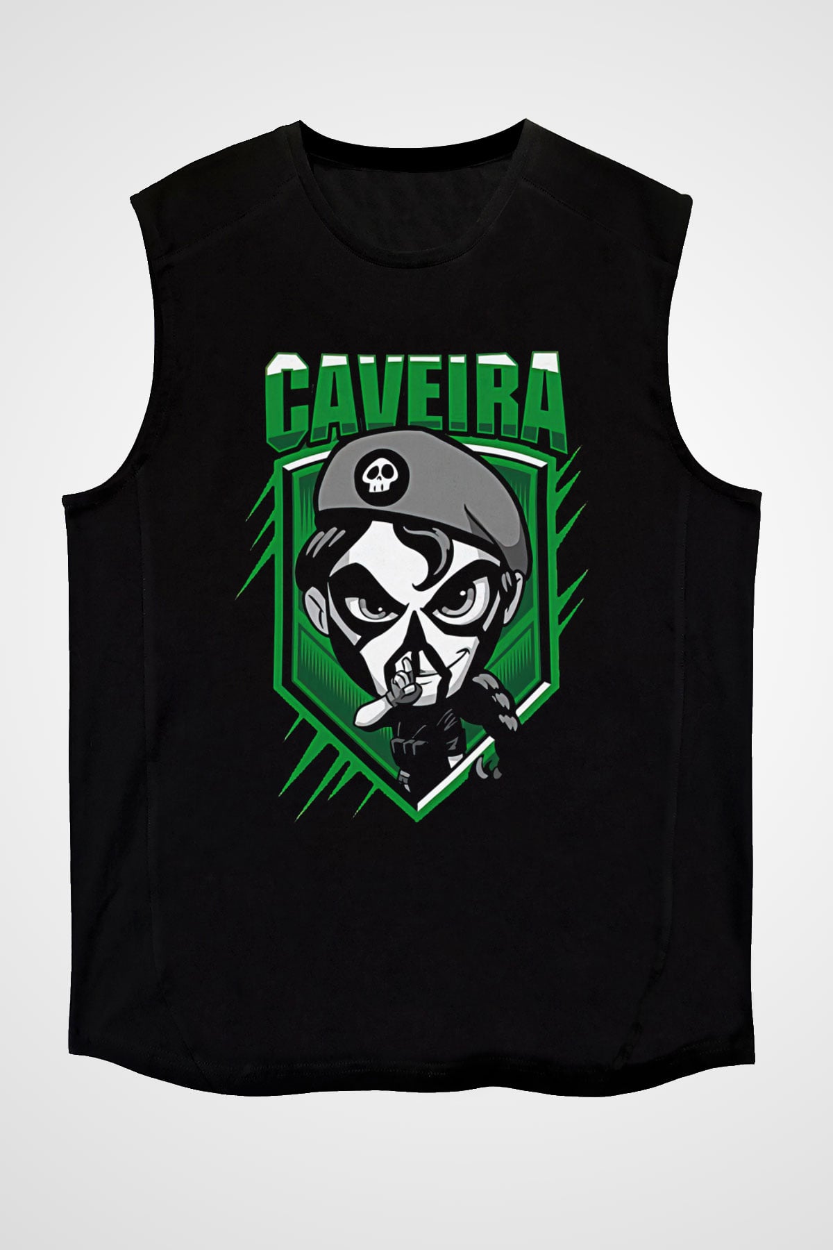Caveira Baskılı Unisex Siyah Kolsuz Tişört - Tshirt