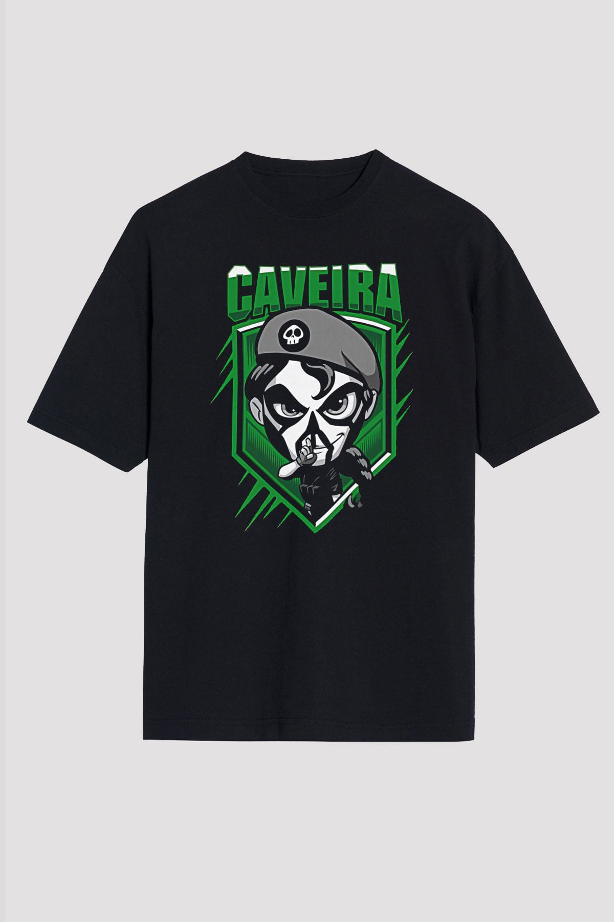 Caveira Baskılı Unisex Siyah Oversize Tişört - Tshirt