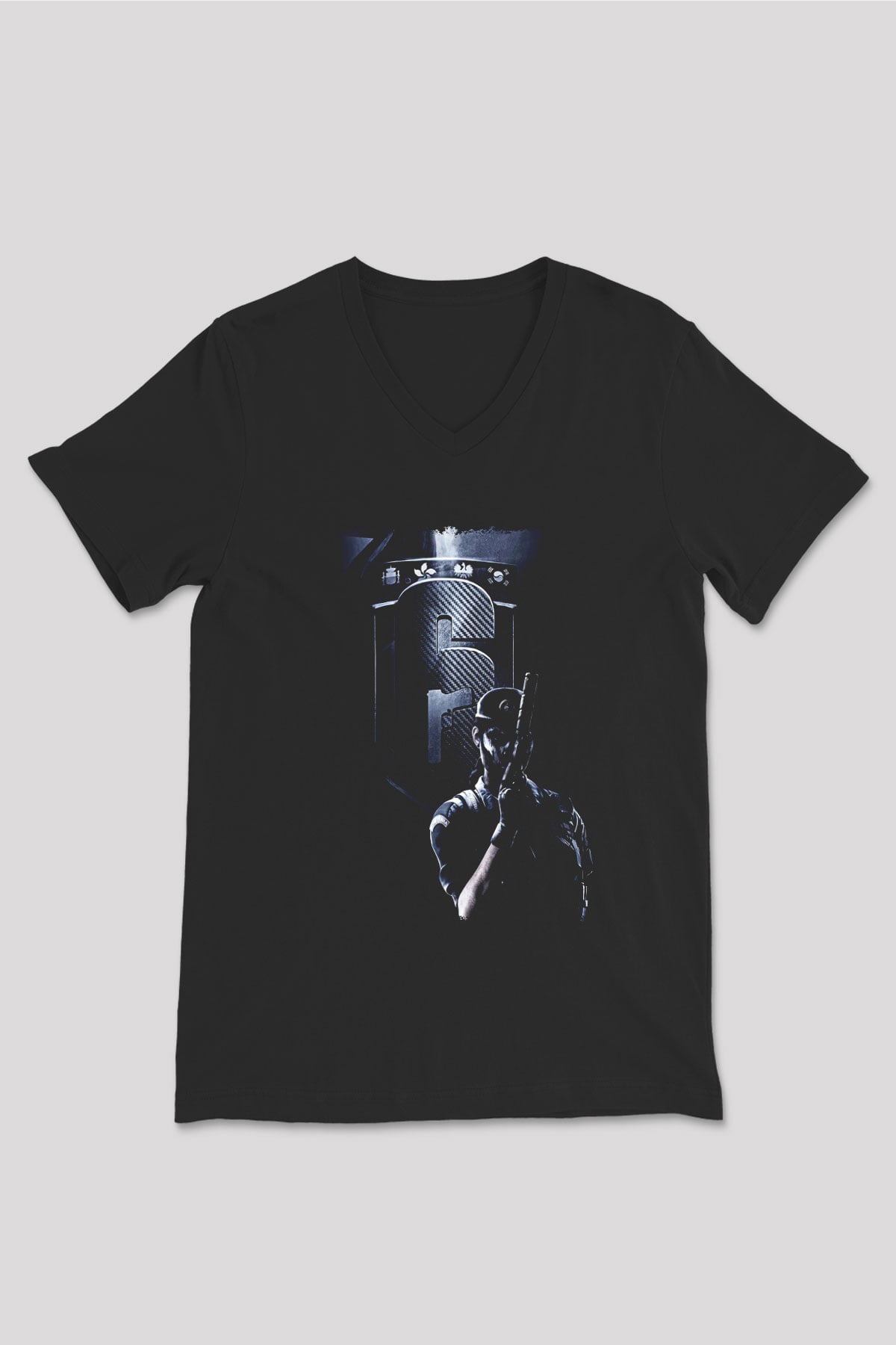 Caveira Baskılı Unisex Siyah V Yaka Tişört - Tshirt