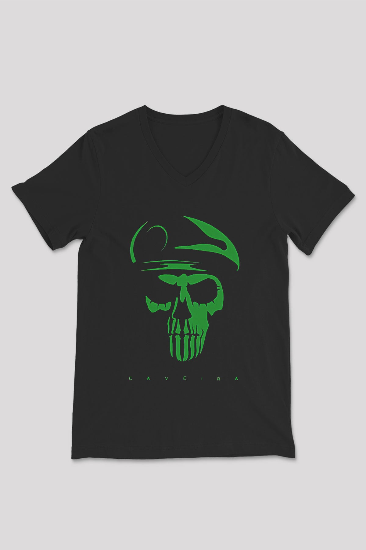 Caveira Baskılı Unisex Siyah V Yaka Tişört - Tshirt