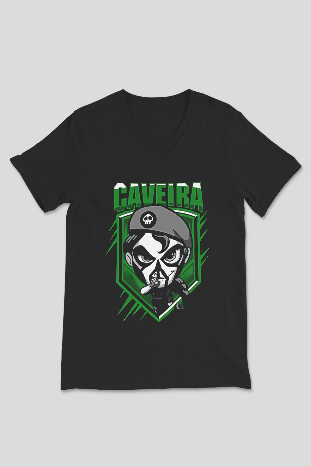 Caveira Baskılı Unisex Siyah V Yaka Tişört - Tshirt