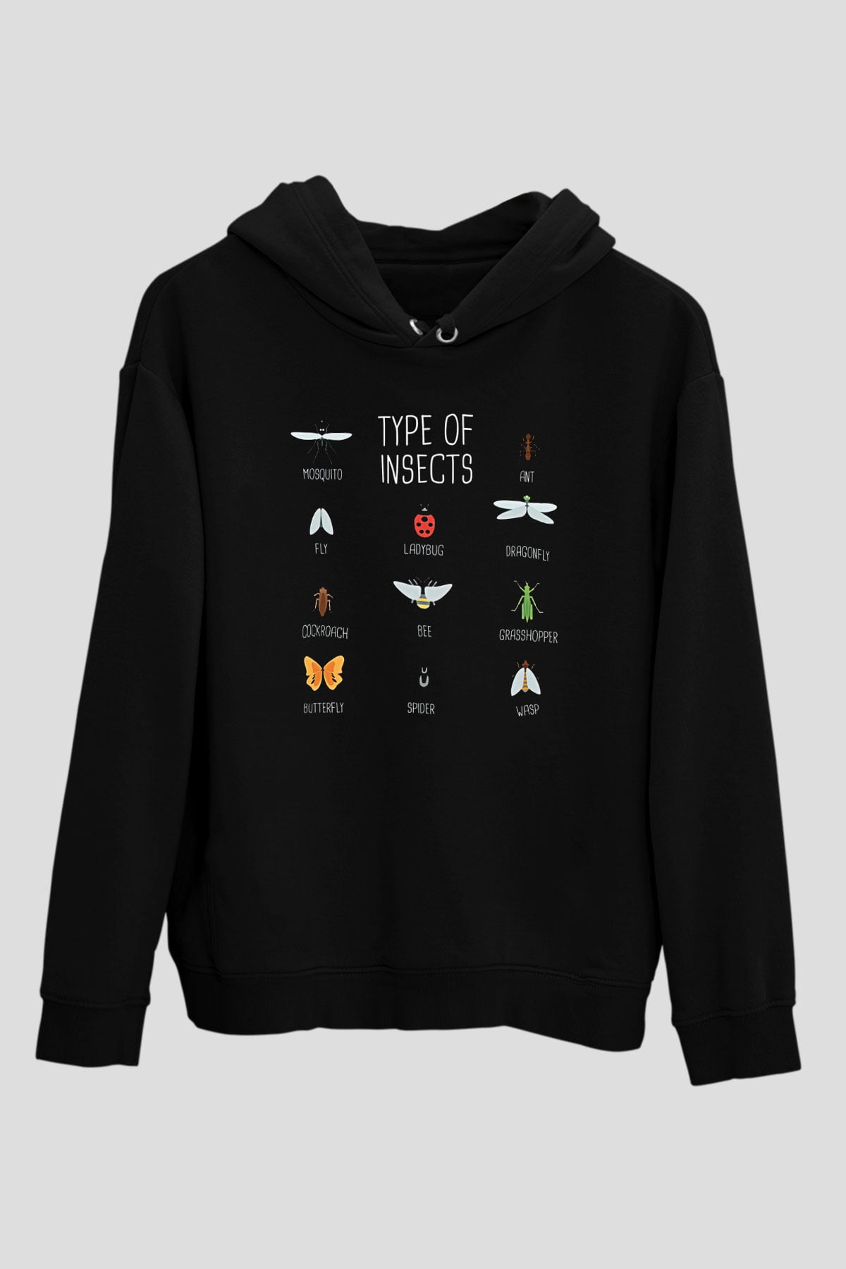 Çekirge Baskılı Unisex Siyah Hoodie