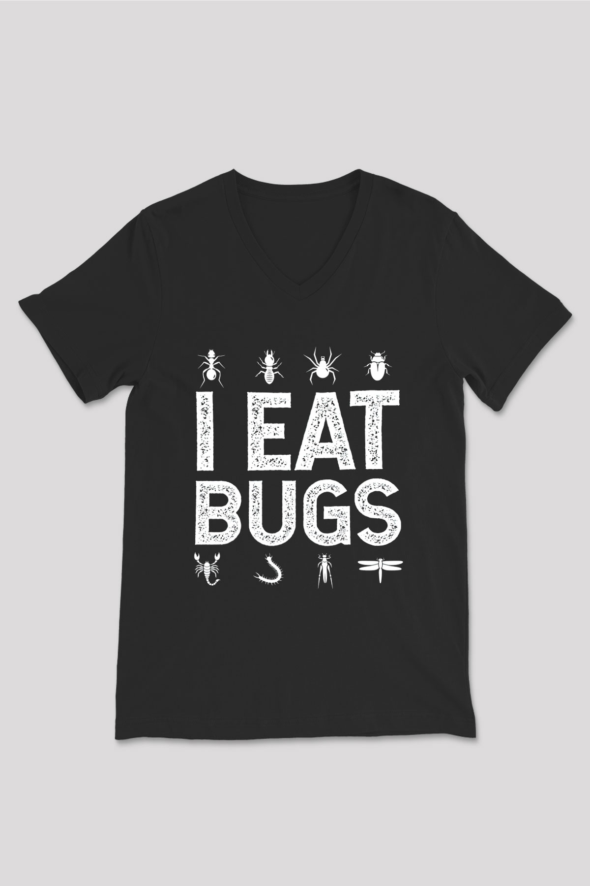 Çekirge Baskılı Unisex Siyah V Yaka Tişört - Tshirt