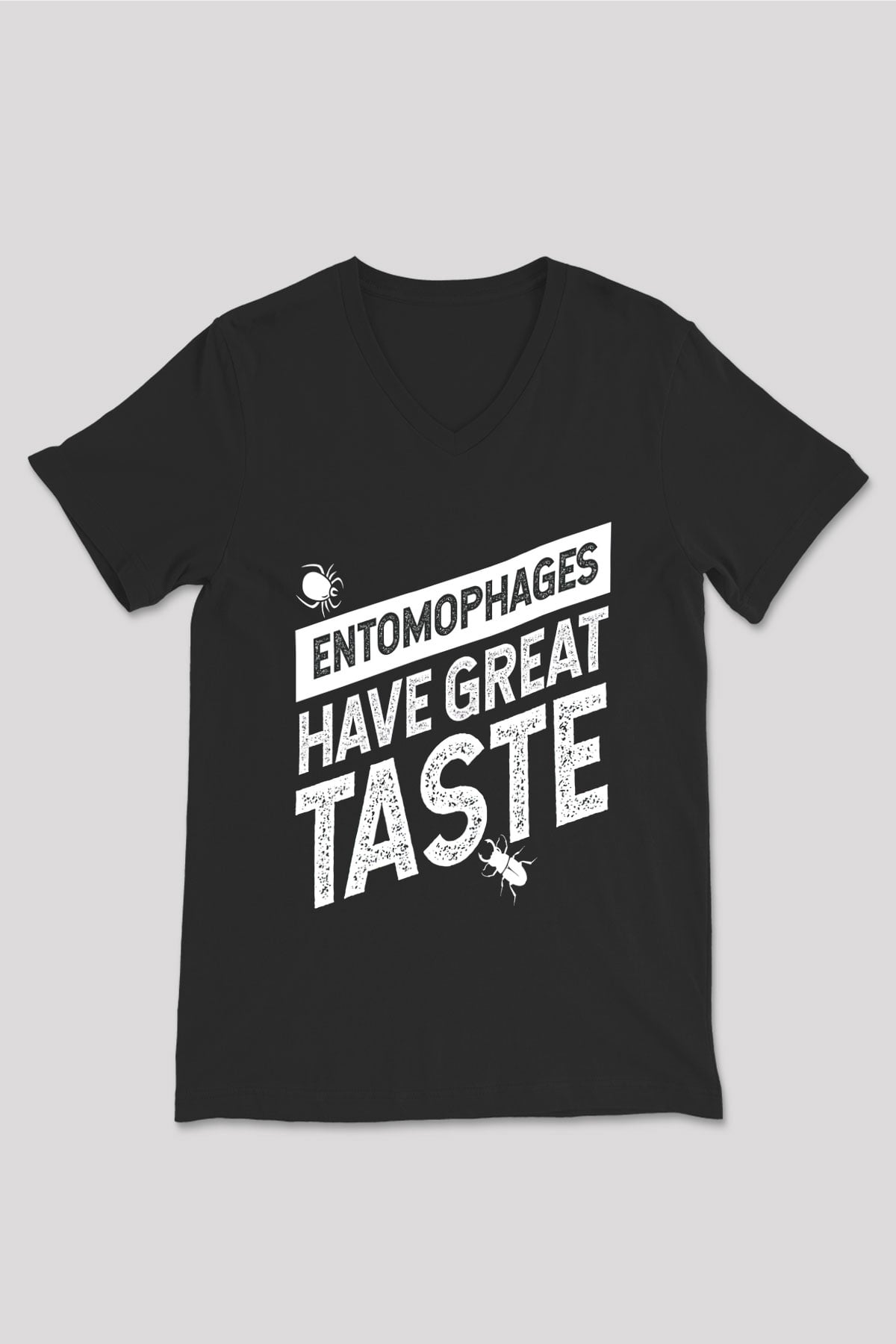 Çekirge Baskılı Unisex Siyah V Yaka Tişört - Tshirt