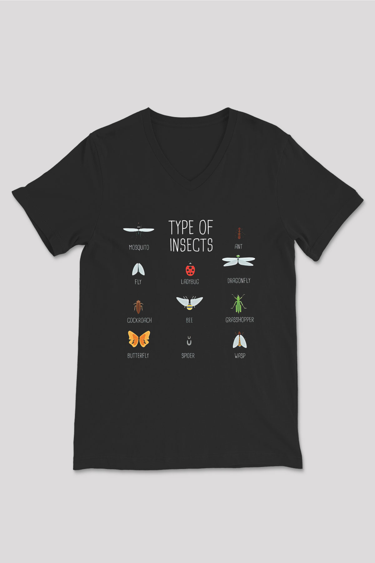 Çekirge Baskılı Unisex Siyah V Yaka Tişört - Tshirt