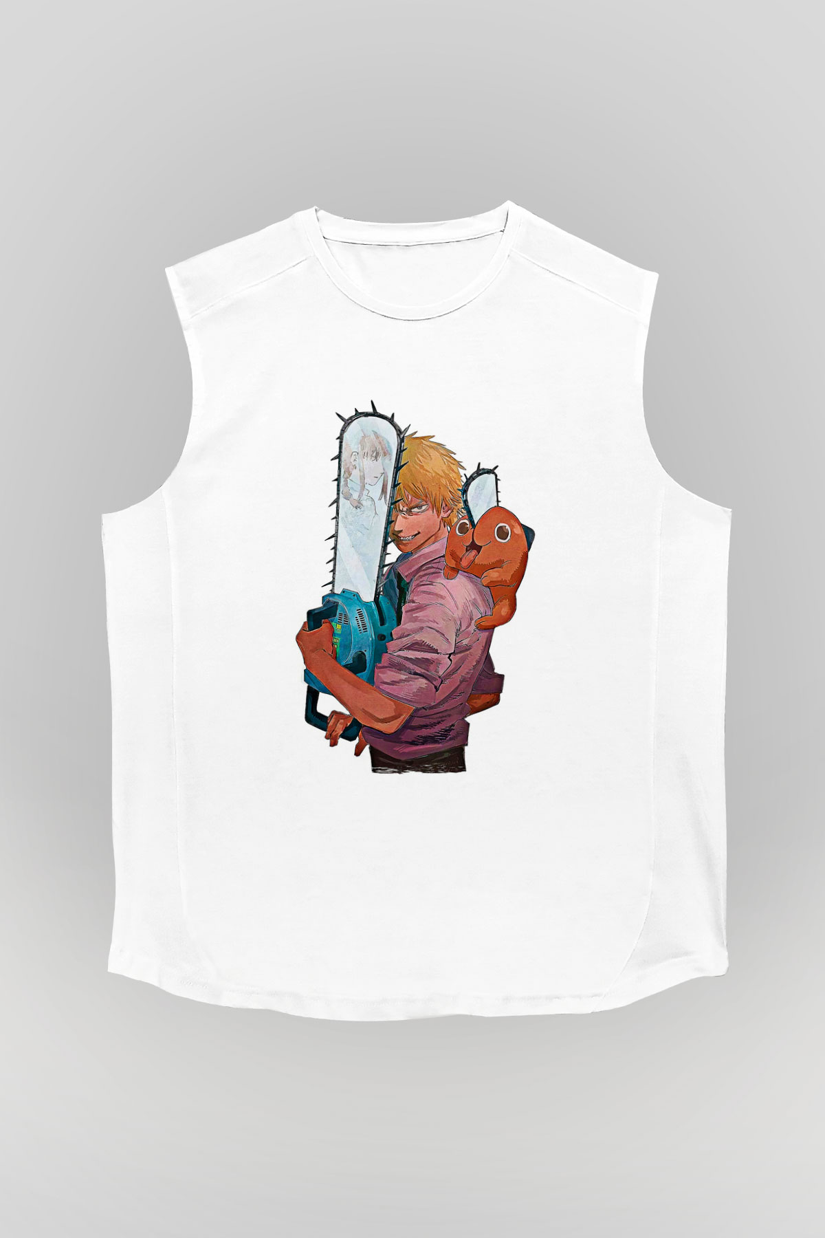 Chainsaw Man Baskılı Beyaz Unisex Kolsuz Tişört - Tshirt