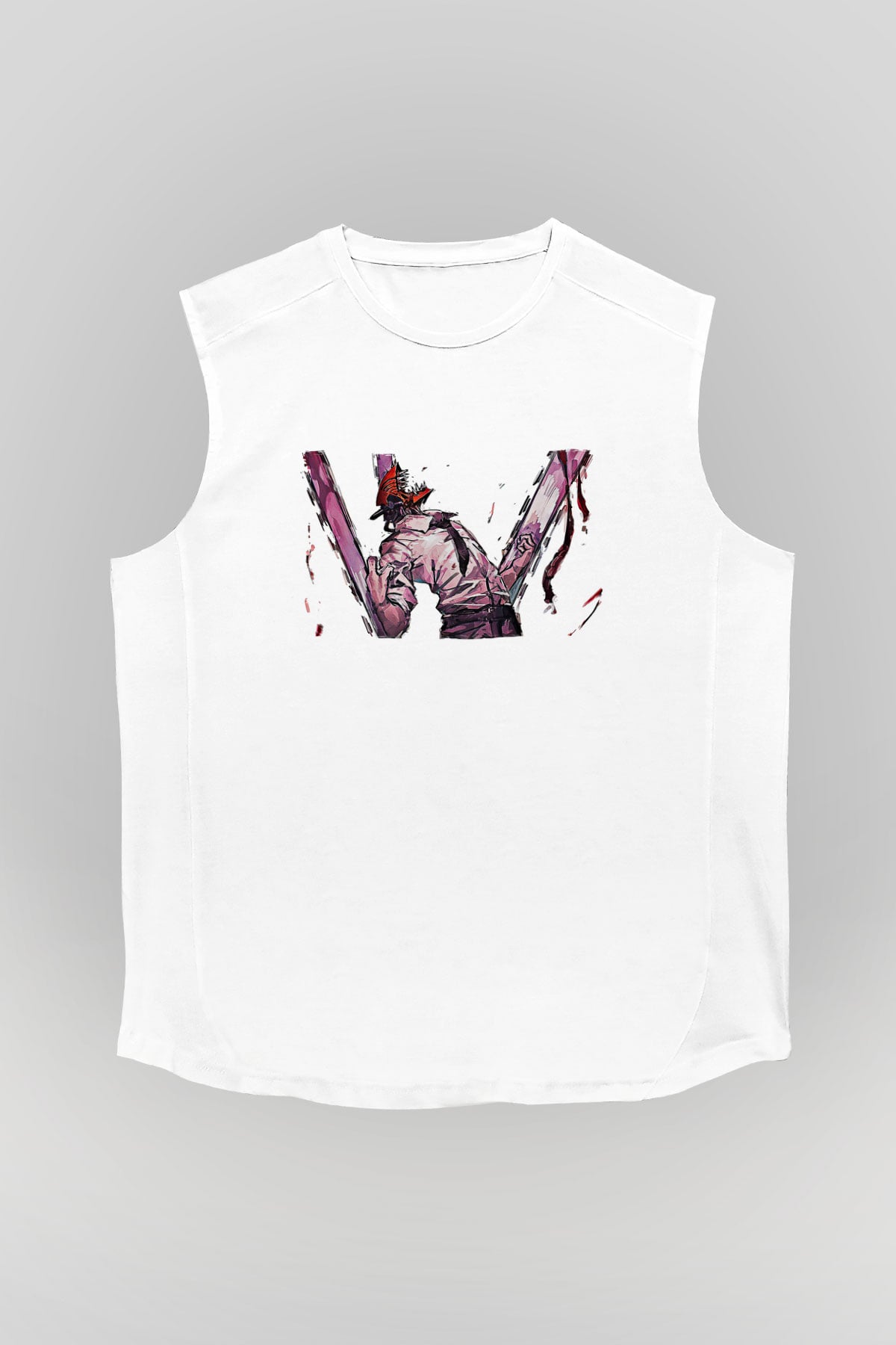 Chainsaw Man Baskılı Beyaz Unisex Kolsuz Tişört - Tshirt