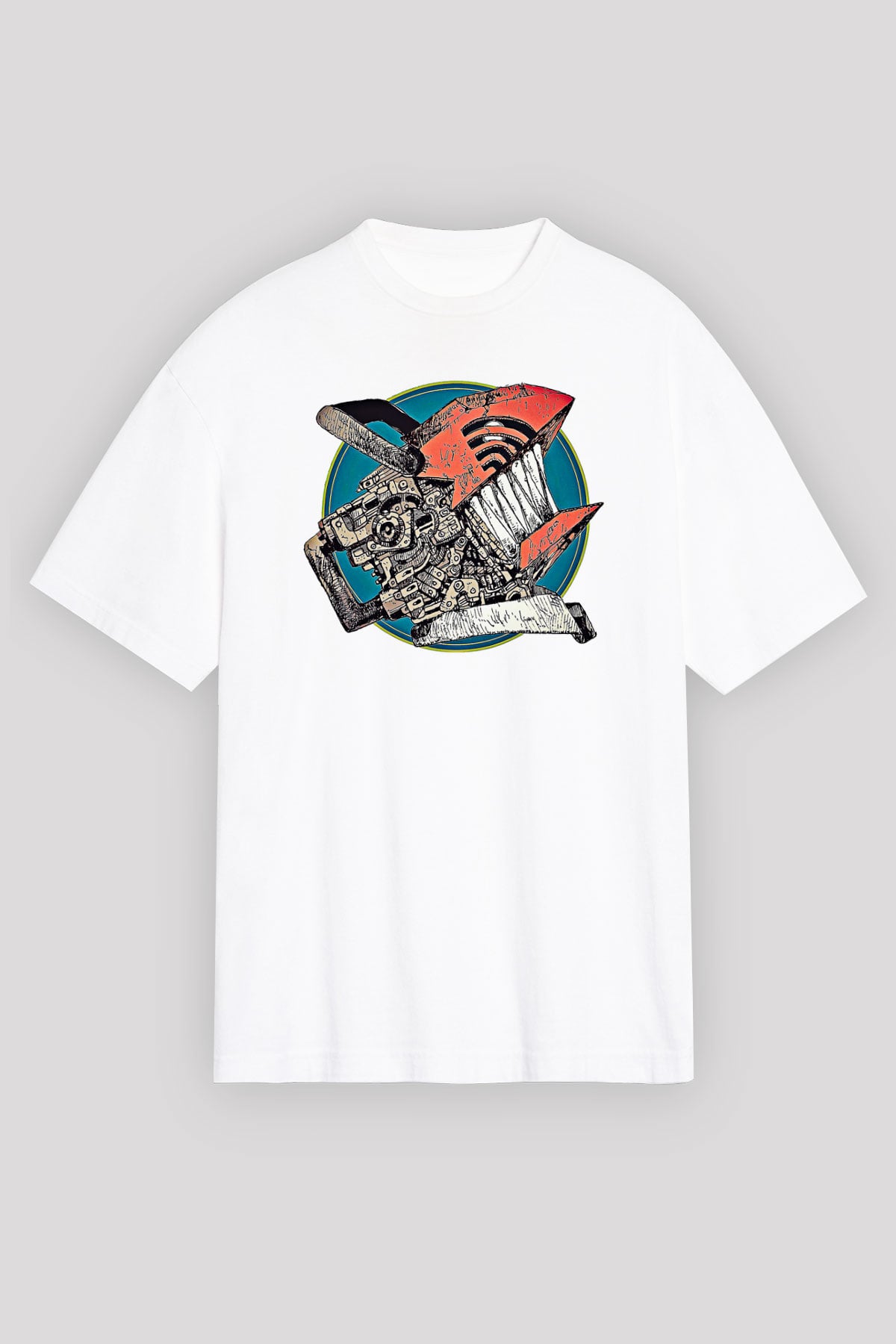 Chainsaw Man Baskılı Beyaz Unisex Oversize Tişört - Tshirt